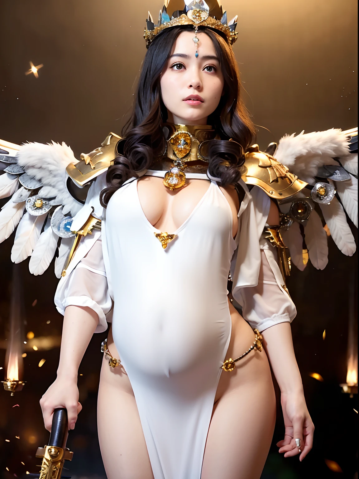 （Pregnant）、Professional , ​masterpiece、top-quality、photos realistic , depth of fields 、(A dark-haired) 、（Gemstone White Metal Body:1.4),(Matte White、（Angel wings grow）、Jewel Gold Weapon（Jewel Metal Body:1.４),Gorgeous metal weapons ,（（ Detailed and gorgeous sword of the brave）） ,Light Effects、intense fighting、Wind-effect、magic circles、 (A dark-haired)  ,warhammer 40k ,Detail and ornate jewel crown、（（Micro Bikini Armor））、（（Gangle's forest background））、Beautiful Caucasian beauty、１a person、dynamic ungle,(((Detailed and ornate diamond crown)))、Smaller head、A smile、Background inside the castle、Thin and beautiful female hands、cleavage of the breast、Soldier in iron armor on background、Mystical expression、Light Effects、intense fighting、Wind-effect、magic circles、With the legendary magic wand、（wings of light）、Toostock、Anatomically correct body、