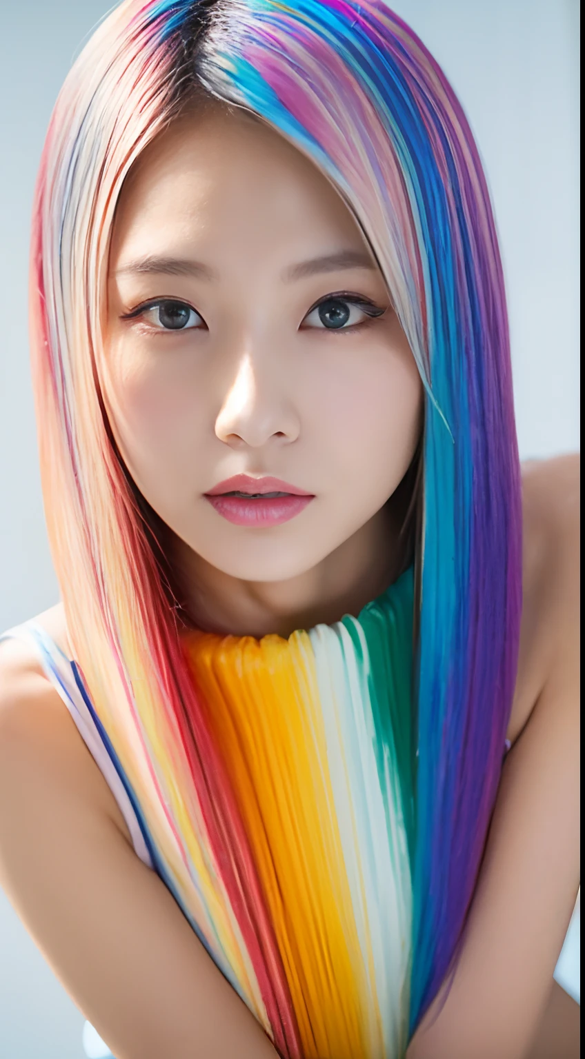 ((Best Quality, 8K, masutepiece:1.3, 1 girl, Beautiful Girl)), Cute, Detailed face, Detailed skin, Detailed eyes, Detailed lips, Detailed fingers, Photorealistic, Raw photo, Natural light, perfect anatomy, Dynamic Pose, toned legs, hight resolution, Looking at Viewer, ((rainbow hair, colorful liquid on the body:1.2, colorful body)), camel toe, colorful liquid dripping down from the body