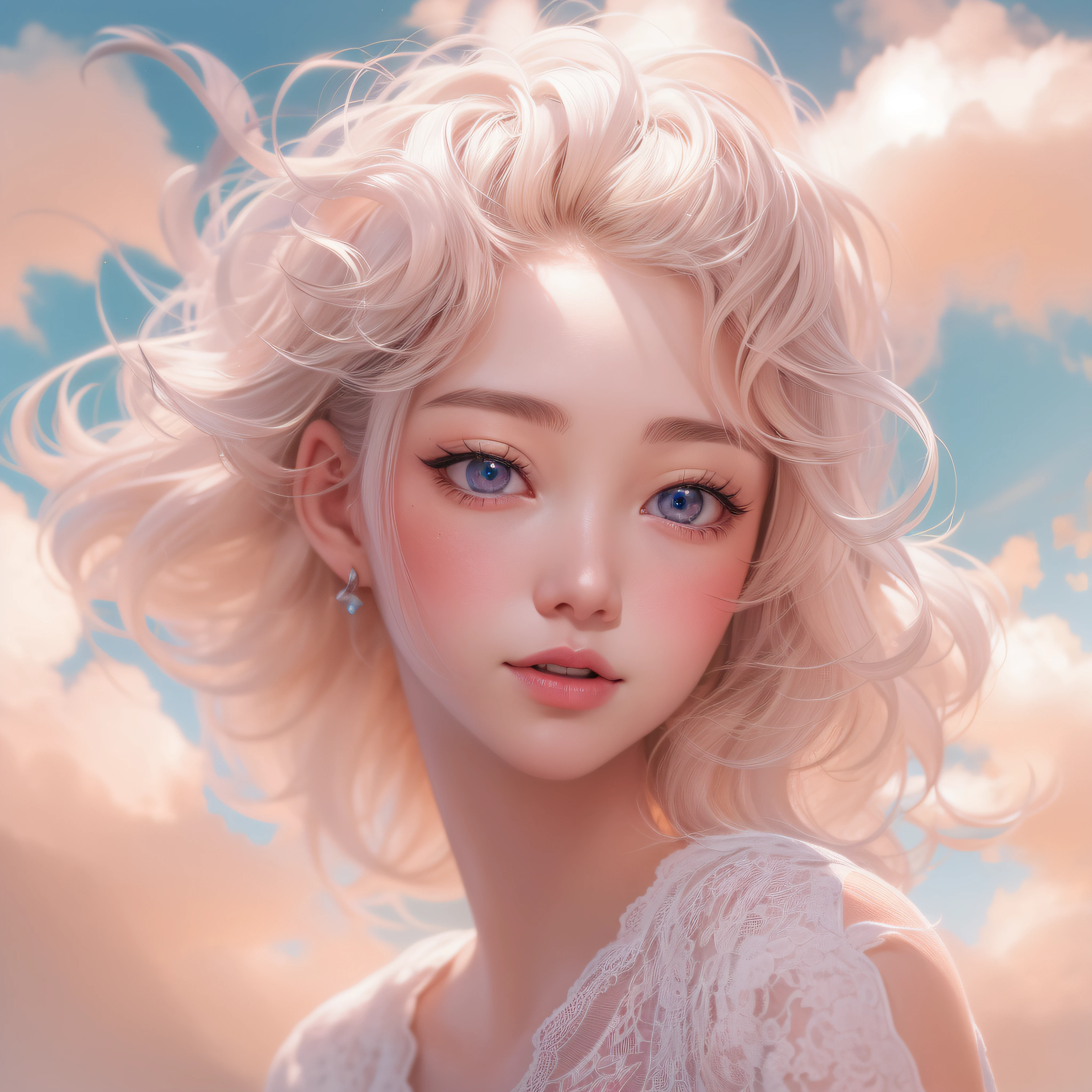 Close up of a smile with the corners of the mouth raised、on clouds、on clouds、on clouds、(realisitic、hight resolution)、(1 girl in)、Do-Up Eye、Korean Girl、(Best Quality), (masutepiece), (1girl in), Solo, a beauty girl, Perfect face, dreamlikeart、Highly detailed airbrush art((Surreal))、Volumetric lighting、(top-quality)、The ultra-detailliert、(The composition of the movement:1.4)、Highly detailed colorful details、(Bright lighting)、dynamic compositions、Ray traching、The mirror reflects light、Shallow depth of field、ultra-detailliert、mixing exposure、nffsw、Her eyes are glowing pink、Staring at the white clouds。Her pink face is full of anticipation and courage、A smile appears on pink lips。 At the rear、clouds、clouds、The sun is slowly tilting to the west。That light brings light to the clouds、Create a beautiful scene of swaying clouds。Her eyes are clearly glowing pink。Lots of clouds