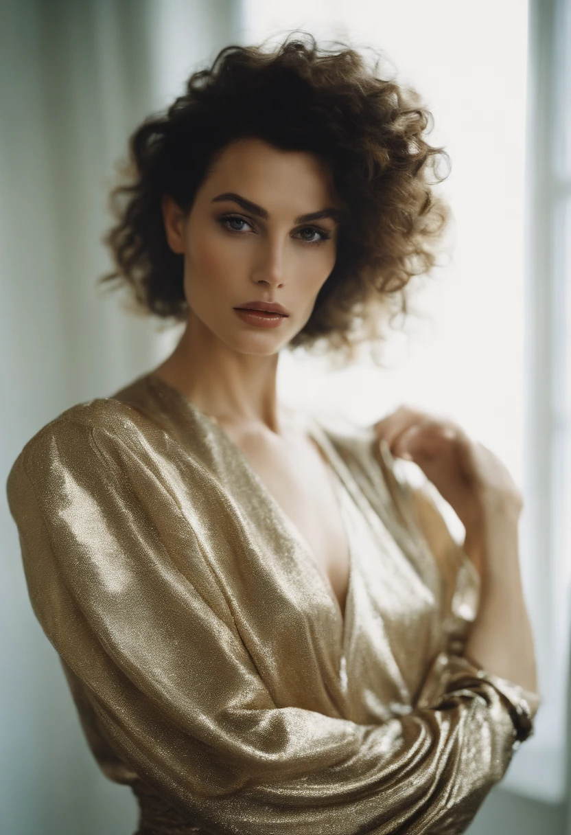 Film Photo Kodak Portra 400 of a spanish female top model, bombshell, wearing luxury clothes from Yves Saint Laurent, in front of a white background, There is Soft natural top light, cinematic, cyber punk, rock and roll, sophisticated, avant garde, high - end, realistic human traits, realistic human hands, fashion editorial, 85mm prime lens, studio shooting. --ar 5:7
