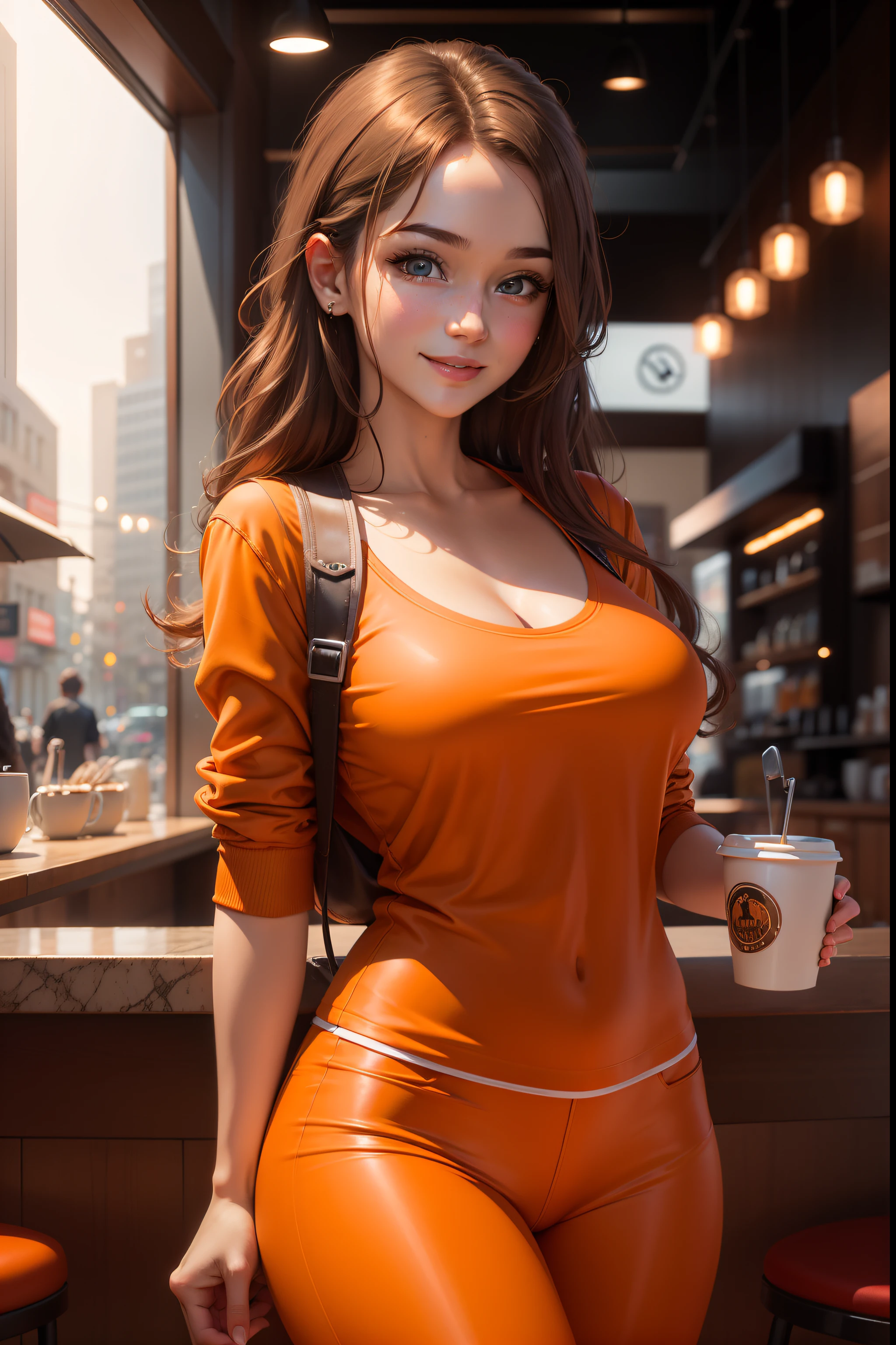 ultra detail, masterpiece, 8k, realistic, volumetric lighting, beautiful detailed eyes, 1 girl, solo, (orange outfit), smile, coffee shop background