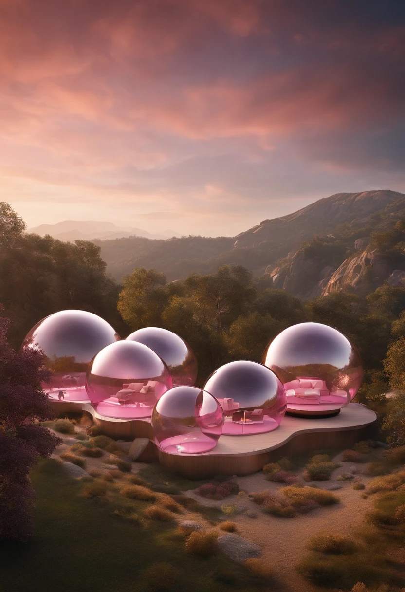 hyper-photorealistic glass bubbles pink cabins, partially embedded into the mountain, futuristic interior, a film Oblivion otherworldly atmosphere, golden hour, art highly detailed, fine details, hyper quality, trending on artstation, award-winning, megapixel, elegant, high quality, de-noise, post-processing, post-production, ultra-wide angle lens, wide angle view, super resolution, megapixel, DSLR, Nikon D750, shot on 70mm, lens, distortion, F/22, shutter speed 1/1000, long exposure, sharpened, photoshopped, vibrant colors, 32K resolution, sharp details, octane render, vray engine, unreal engine 5 --s 750 --style raw