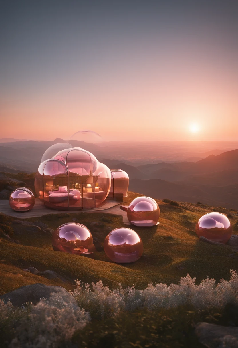hyper-photorealistic glass bubbles pink cabins, partially embedded into the mountain, futuristic interior, a film Oblivion otherworldly atmosphere, golden hour, art highly detailed, fine details, hyper quality, trending on artstation, award-winning, megapixel, elegant, high quality, de-noise, post-processing, post-production, ultra-wide angle lens, wide angle view, super resolution, megapixel, DSLR, Nikon D750, shot on 70mm, lens, distortion, F/22, shutter speed 1/1000, long exposure, sharpened, photoshopped, vibrant colors, 32K resolution, sharp details, octane render, vray engine, unreal engine 5 --s 750 --style raw