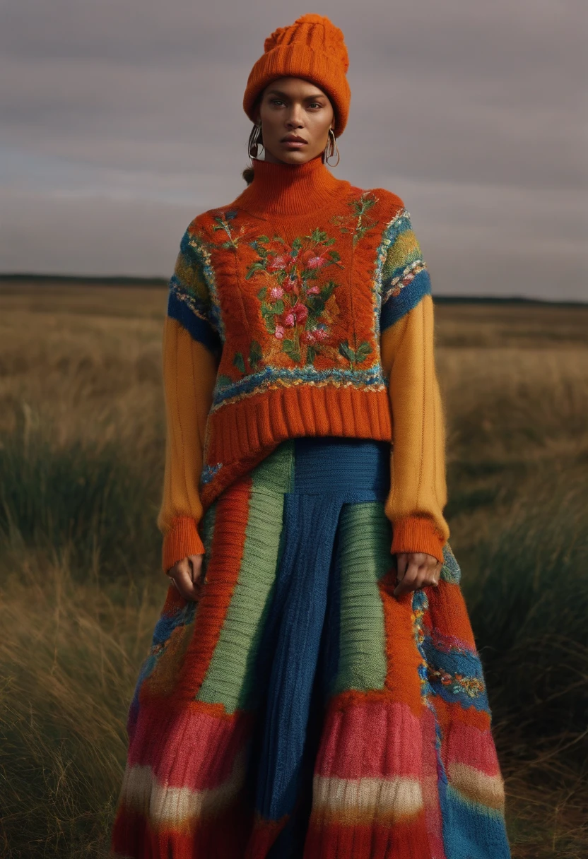 A shot full body Photo by Steven Meisel, model wearing padded shoulders colorful textured knitwear and beanie ,and skirt stella mccartney three tripes embroidered and ornament layered puma meets jil sander in steppe stella mccartney trainers Copenhagen Fashion Week's street style 2025 swinter wibes