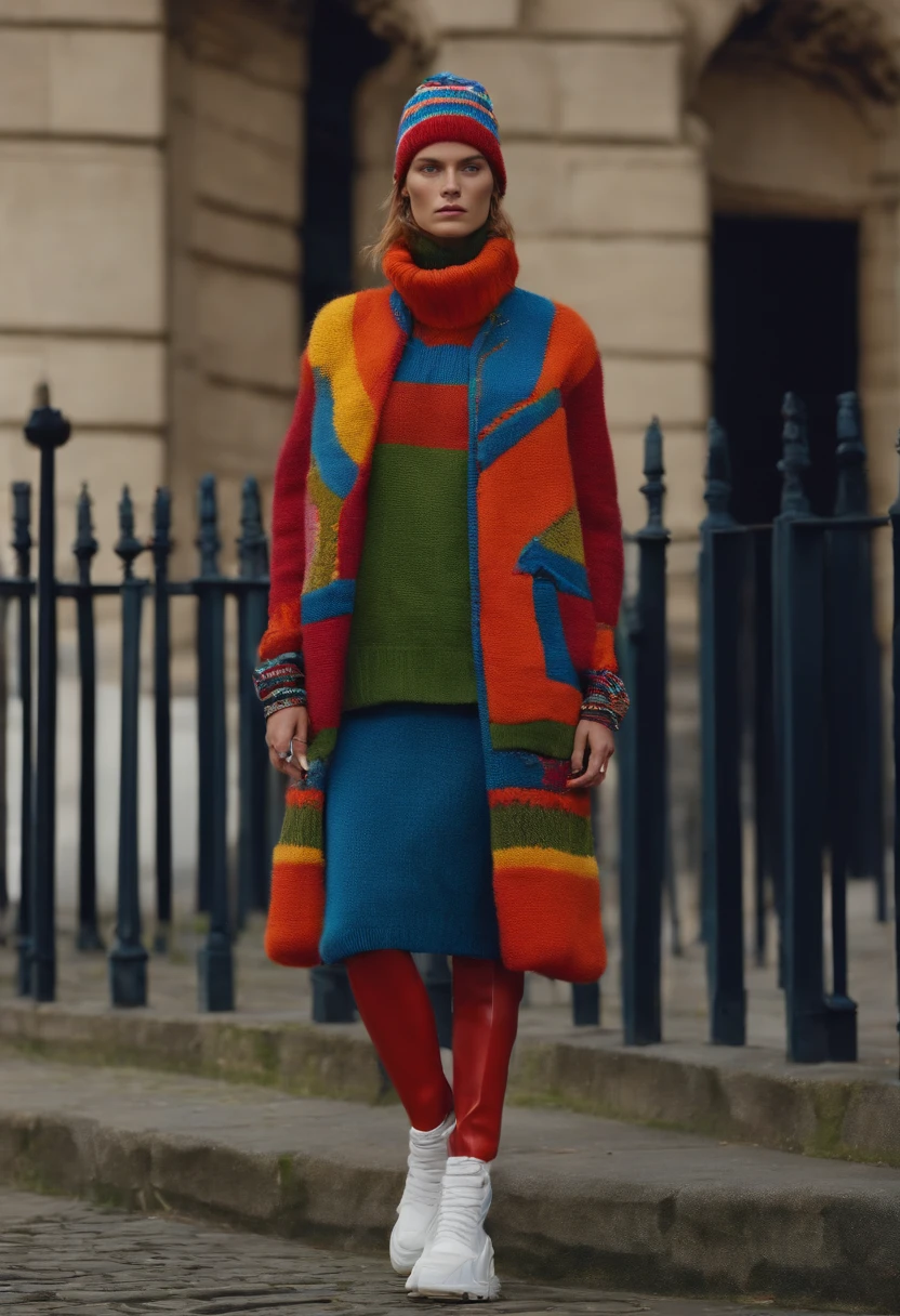 A shot full body Photo by Steven Meisel, model wearing padded shoulders colorful textured knitwear and beanie ,and skirt stella mccartney three tripes embroidered and ornament layered puma meets jil sander in steppe stella mccartney trainers Copenhagen Fashion Week's street style 2025 swinter wibes