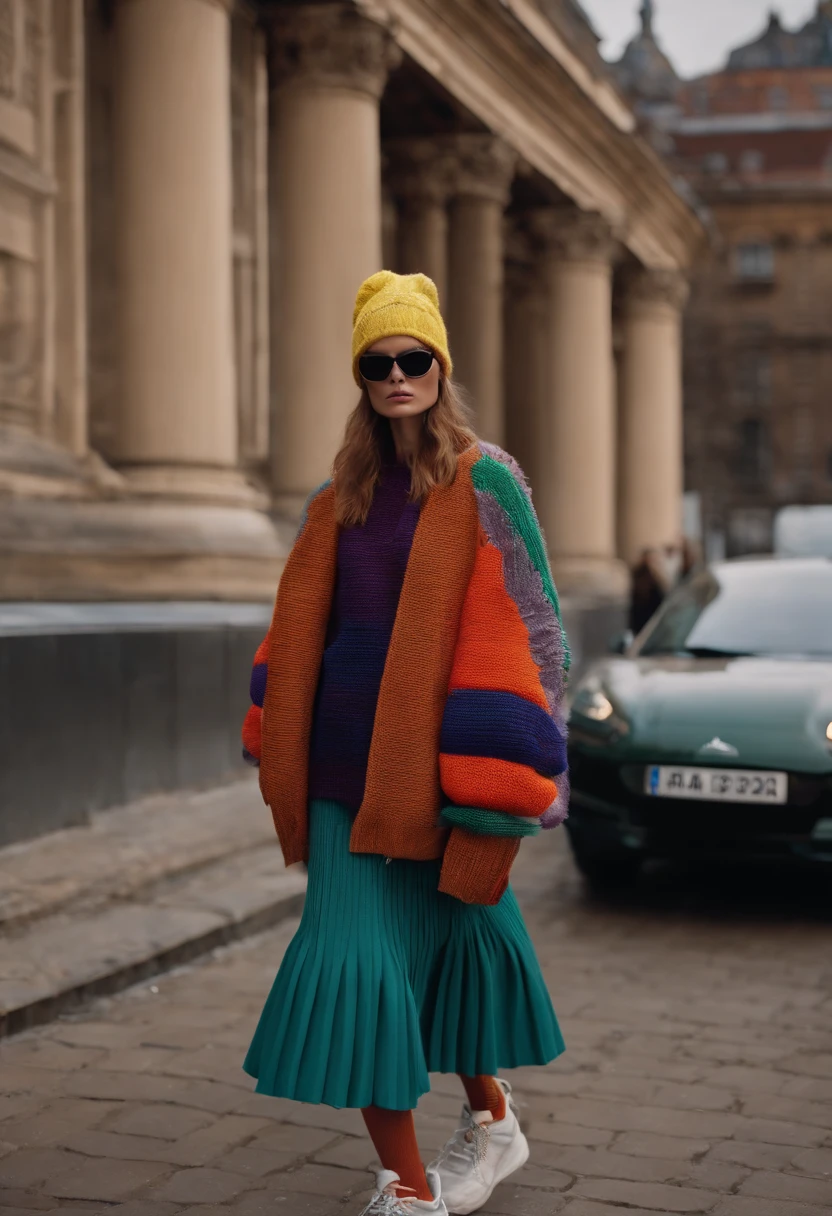 A shot full body Photo by Steven Meisel, model wearing padded shoulders colorful textured knitwear and beanie ,and skirt stella mccartney three tripes embroidered and ornament layered puma meets jil sander in steppe stella mccartney trainers Copenhagen Fashion Week's street style 2025 swinter wibes