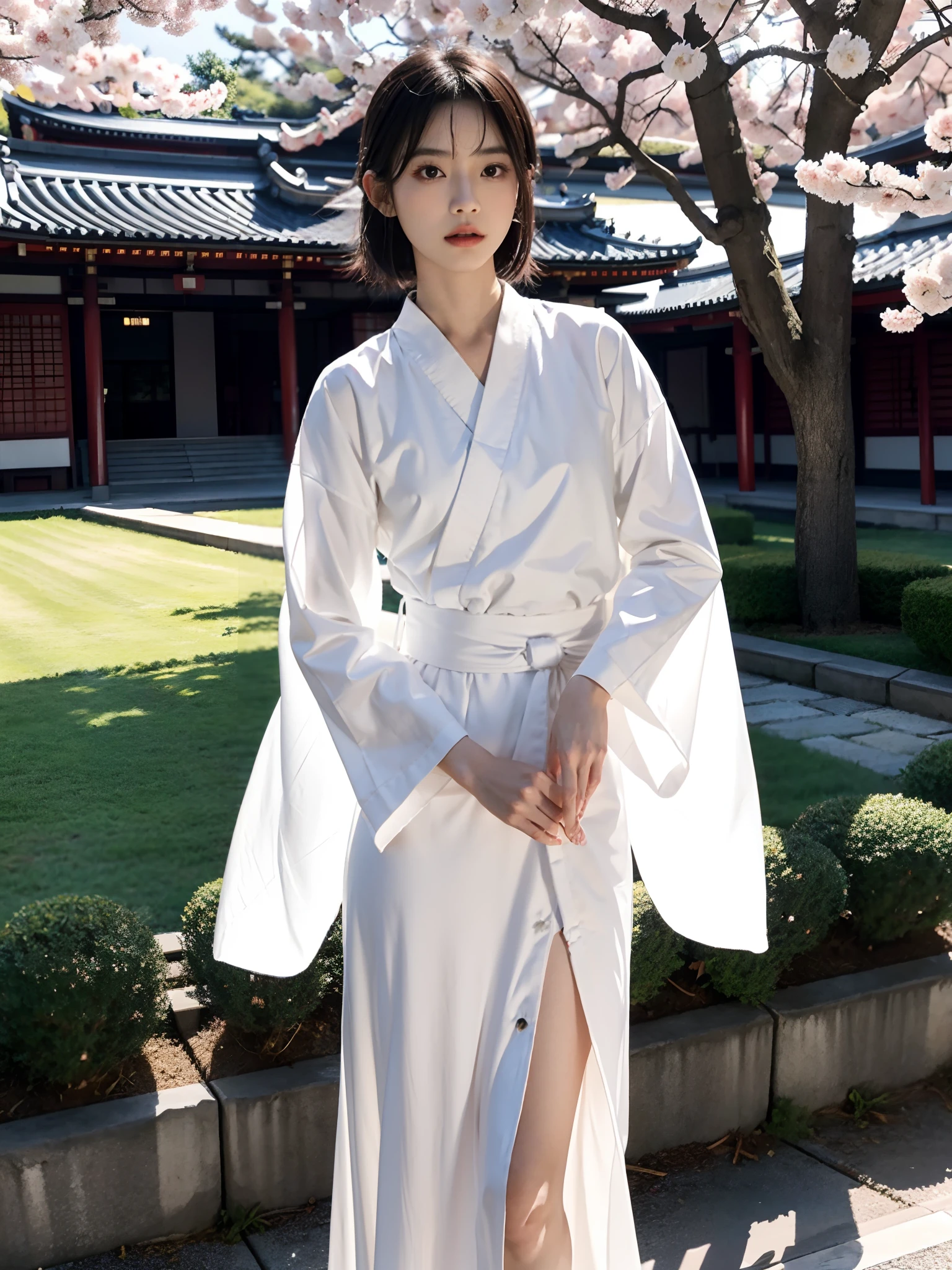 ((Small lower chest,Tomboyish,small heads)),  (short-length straighthair: 1.2), Black hair，Upper body,（极其细致的CG 8k壁纸），（Extremely refined and beautiful），（Masterpiece），（best qualtiy：1.0），（超高分辨率：1.0），beautiful light up，Perfect lightning，realistic shaded，[A high resolution]，Smooth and flawless fair skin，ultra - detailed ，Elongated legs，(Small breasts:1.1)，Flat chest，Slim，emaciated，slender waist，serious，Mighty，（a seven quarter sleeved white kendogi:1.1），（maxi red kendo hakama：1.1），white short socks, geta，spring，night，In front of a tall giantic Japanese castle，sakura blooms，standing，outside，Tree-lined roadsides，Close-up，(a long samurai katana in hands:1.2)