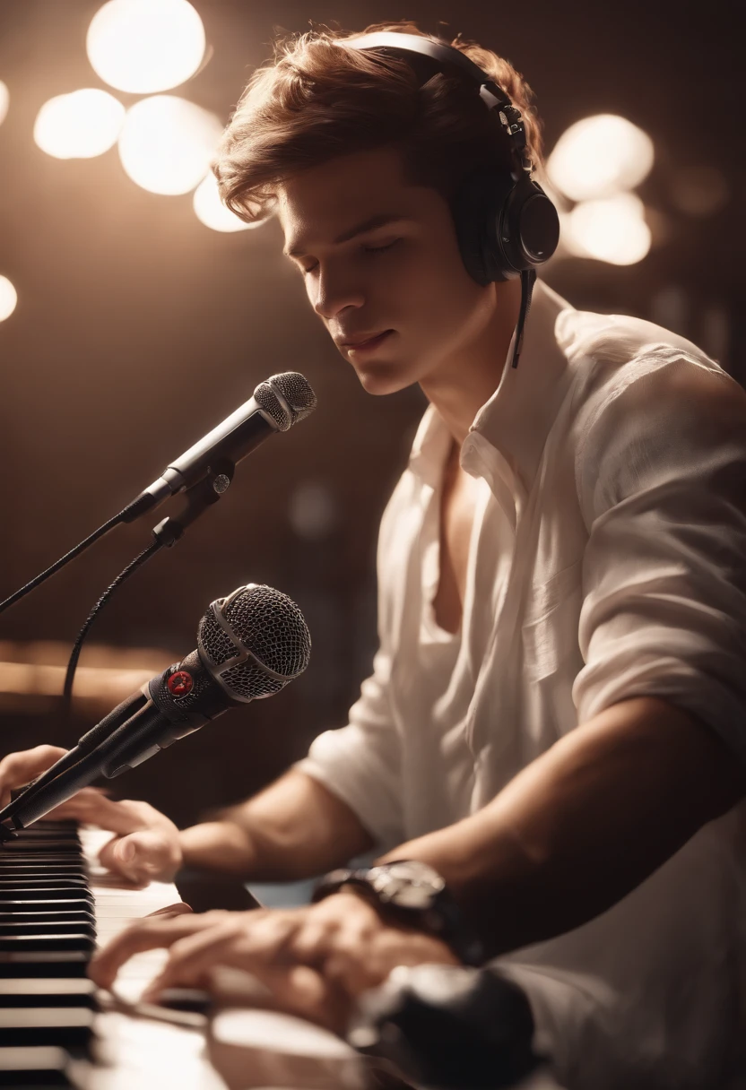 1 boy,masutepiece, Best Quality, Ultra-detailed, Rekbooth, Solo, microphone, headphones, Realistic, Brown hair, Shirt, cables, White shirt, microphone, microphone stand,