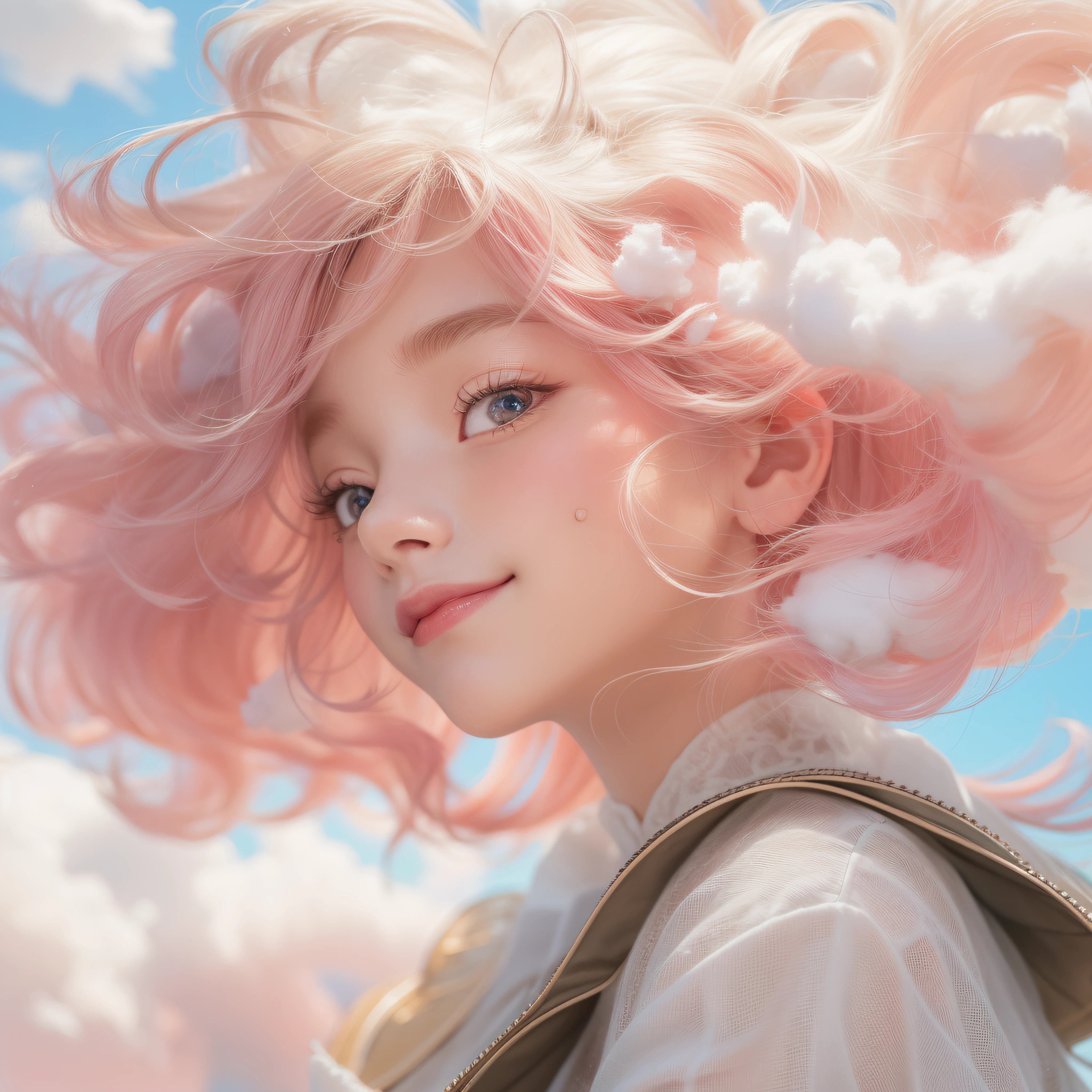 Close up of a smile with the corners of the mouth raised、on clouds、on clouds、on clouds、(realisitic、hight resolution)、(1 girl in)、Do-Up Eye、Korean Girl、(Best Quality), (masutepiece), (1girl in), Solo, a beauty girl, Perfect face, dreamlikeart、Highly detailed airbrush art((Surreal))、Volumetric lighting、(top-quality)、The ultra-detailliert、(The composition of the movement:1.4)、Highly detailed colorful details、(Bright lighting)、dynamic compositions、Ray traching、The mirror reflects light、Shallow depth of field、ultra-detailliert、mixing exposure、nffsw、Her eyes are glowing pink、Staring at the white clouds。Her pink face is full of anticipation and courage、A smile appears on pink lips。 At the rear、clouds、clouds、The sun is slowly tilting to the west。That light brings light to the clouds、Create a beautiful scene of swaying clouds。Her eyes are clearly glowing pink。Lots of clouds