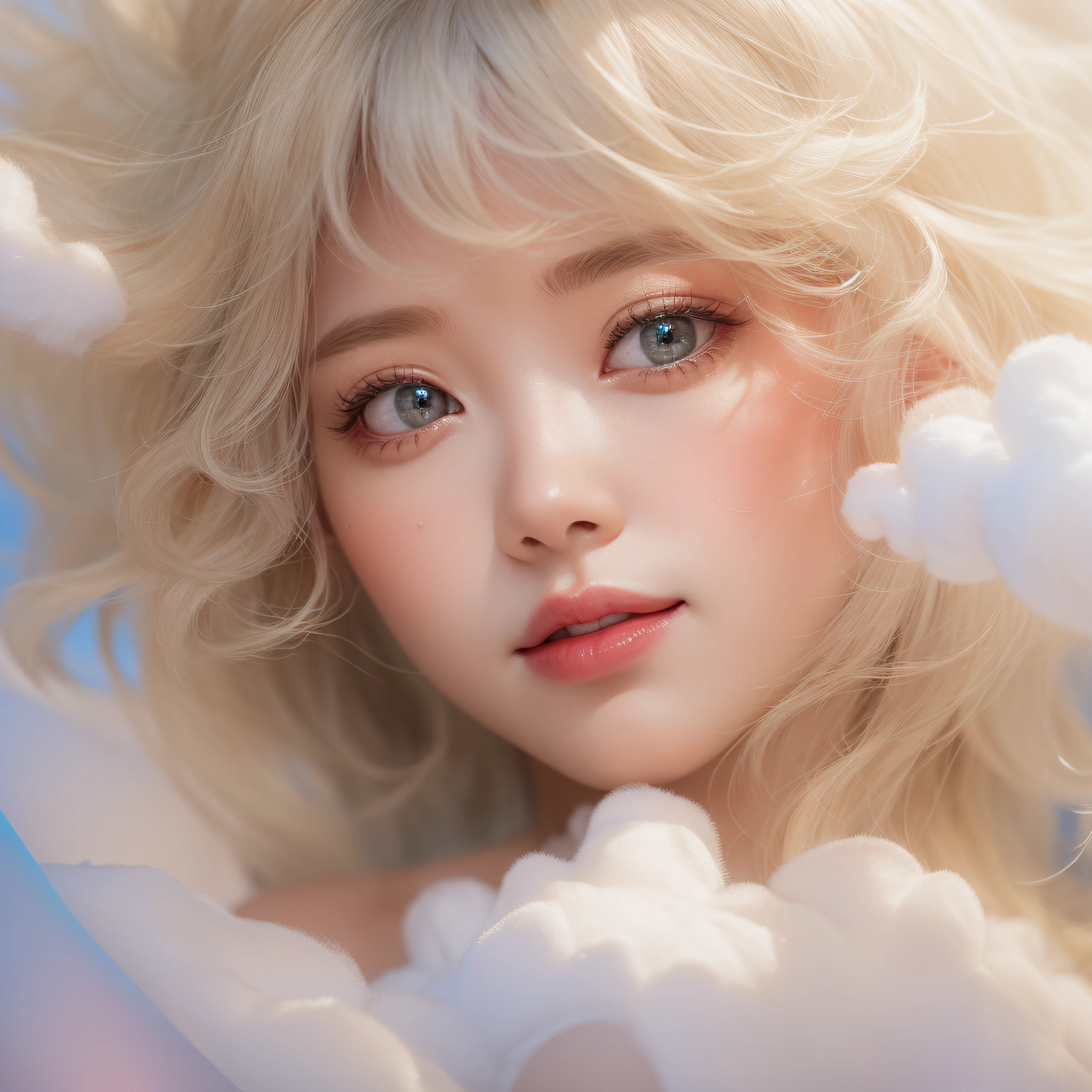 Close up of a smile with the corners of the mouth raised、on clouds、on clouds、on clouds、(realisitic、hight resolution)、(1 girl in)、Do-Up Eye、Korean Girl、(Best Quality), (masutepiece), (1girl in), Solo, a beauty girl, Perfect face, dreamlikeart、Highly detailed airbrush art((Surreal))、Volumetric lighting、(top-quality)、The ultra-detailliert、(The composition of the movement:1.4)、Highly detailed colorful details、(Bright lighting)、dynamic compositions、Ray traching、The mirror reflects light、Shallow depth of field、ultra-detailliert、mixing exposure、nffsw、Her eyes are glowing pink、Staring at the white clouds。Her pink face is full of anticipation and courage、A smile appears on pink lips。 At the rear、clouds、clouds、The sun is slowly tilting to the west。That light brings light to the clouds、Create a beautiful scene of swaying clouds。Her eyes are clearly glowing pink。Lots of clouds