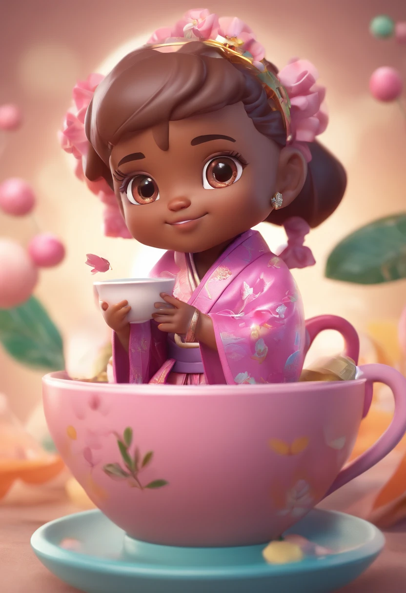 Cute brown skin baby chibi anime, with freckles,Purple and pink kimono, Sit in a teacup