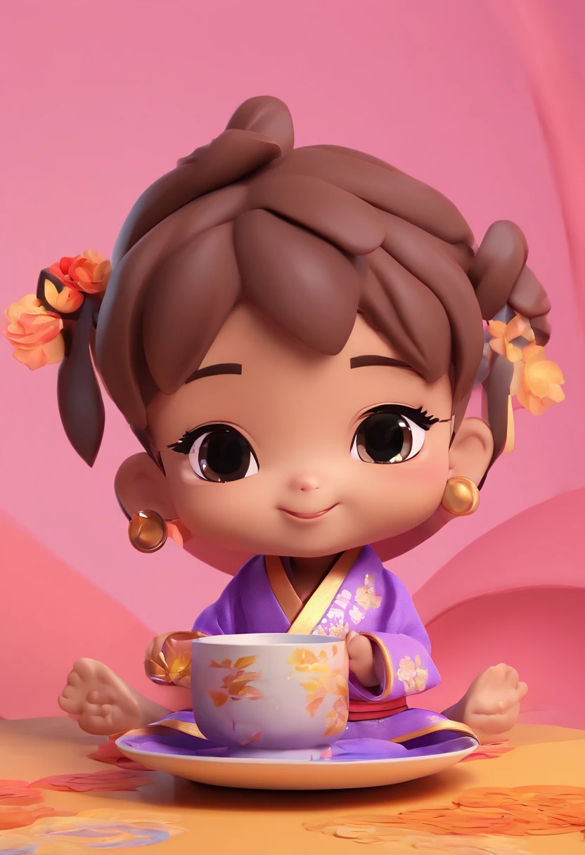 Cute brown skin baby chibi anime, with freckles,Purple and pink kimono, Sit in a teacup