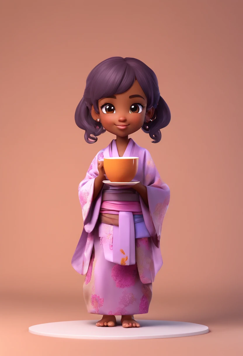 Cute brown skin baby chibi anime, with freckles,Purple and pink kimono, Sit in a teacup