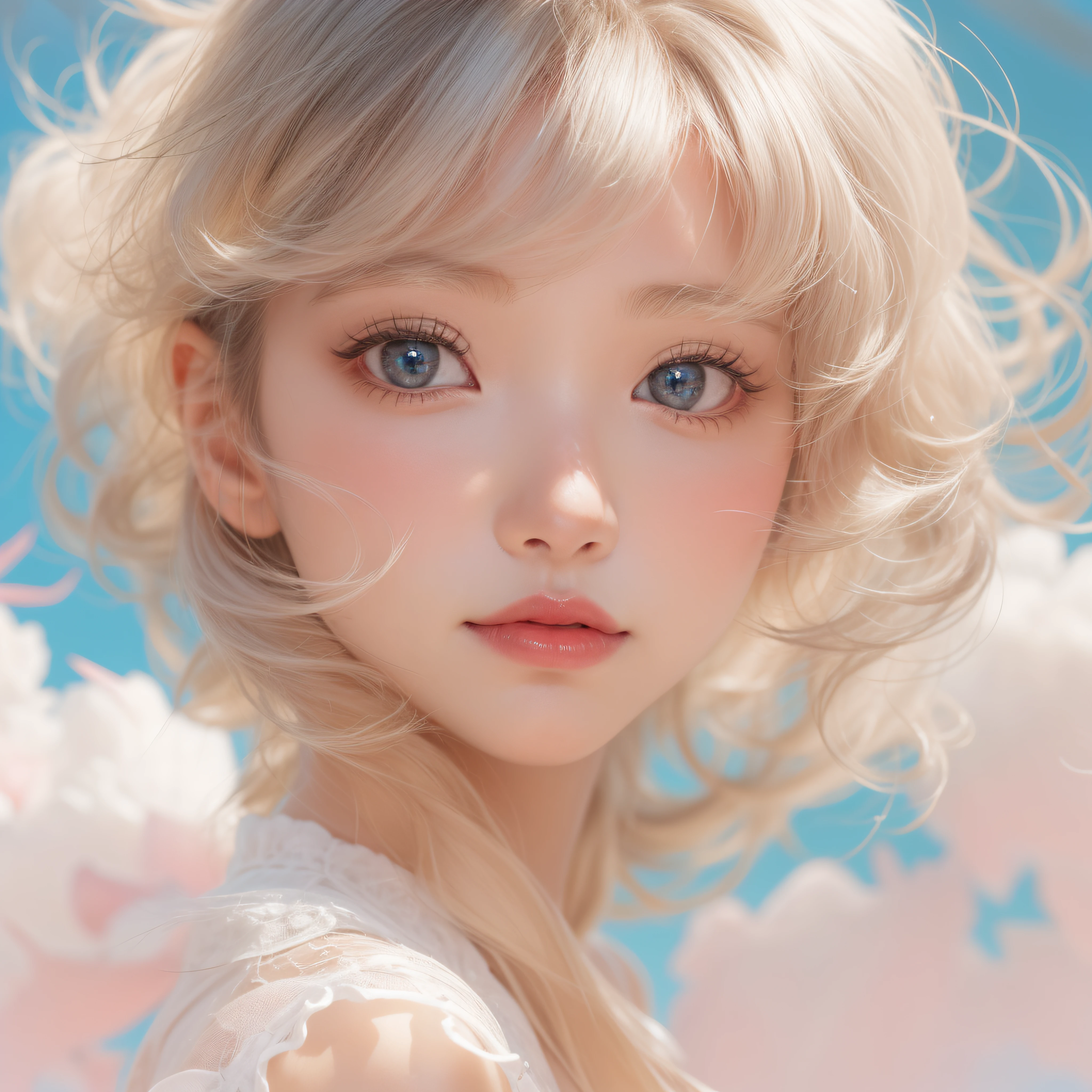 Close up of a smile with the corners of the mouth raised、on clouds、on clouds、on clouds、(realisitic、hight resolution)、(1 girl in)、Do-Up Eye、Korean Girl、(Best Quality), (masutepiece), (1girl in), Solo, a beauty girl, Perfect face, dreamlikeart、Highly detailed airbrush art((Surreal))、Volumetric lighting、(top-quality)、The ultra-detailliert、(The composition of the movement:1.4)、Highly detailed colorful details、(Bright lighting)、dynamic compositions、Ray traching、The mirror reflects light、Shallow depth of field、ultra-detailliert、mixing exposure、nffsw、Her eyes are glowing pink、Staring at the white clouds。Her pink face is full of anticipation and courage、A smile appears on pink lips。 At the rear、clouds、clouds、The sun is slowly tilting to the west。That light brings light to the clouds、Create a beautiful scene of swaying clouds。Her eyes are clearly glowing pink。Lots of clouds
