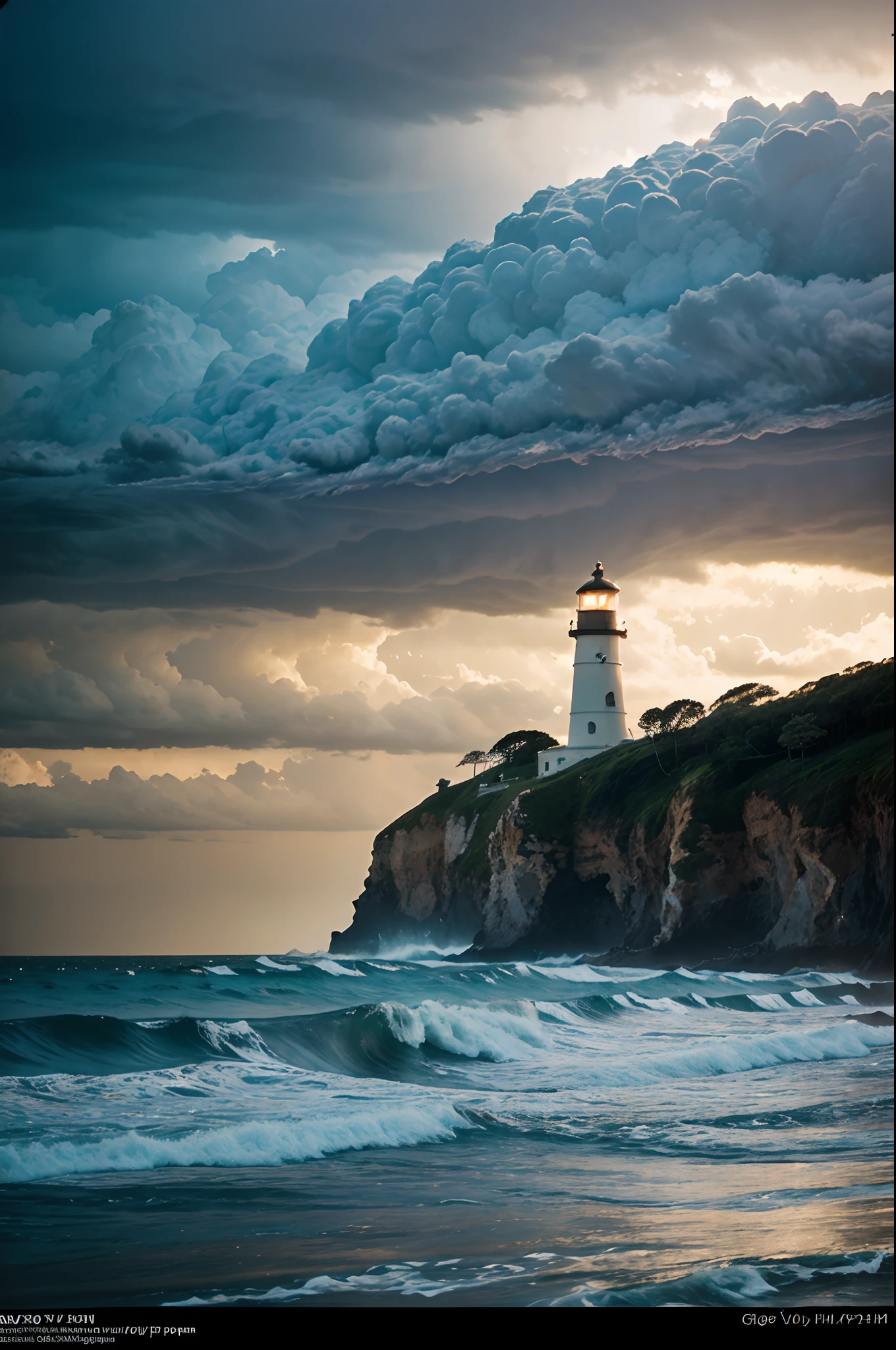 Photo, Cinematic footage of the ocean, Extreme storms, Rocks and lighthouse in the background, very wide angle shot, Evening clouds, light leaks, Dark and bright atmosphere, Shot on Kodak Chrome,photography of:Gregory Halpen, filmgrain, Halos and halos bloom in the highlights - AR 1:2 --s 750 --v 5 --q 2