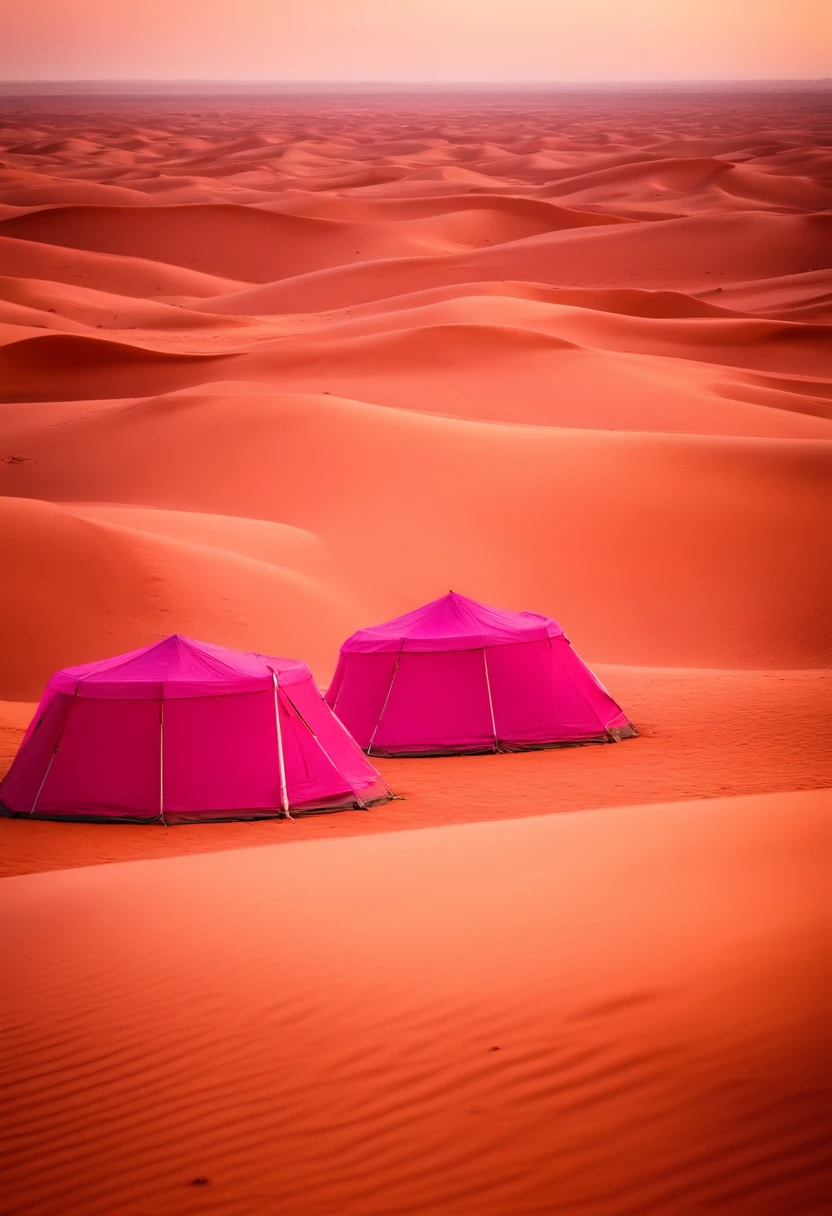 view from far away of small pink tents in the Sahara desert, photorealistic
style national geografic