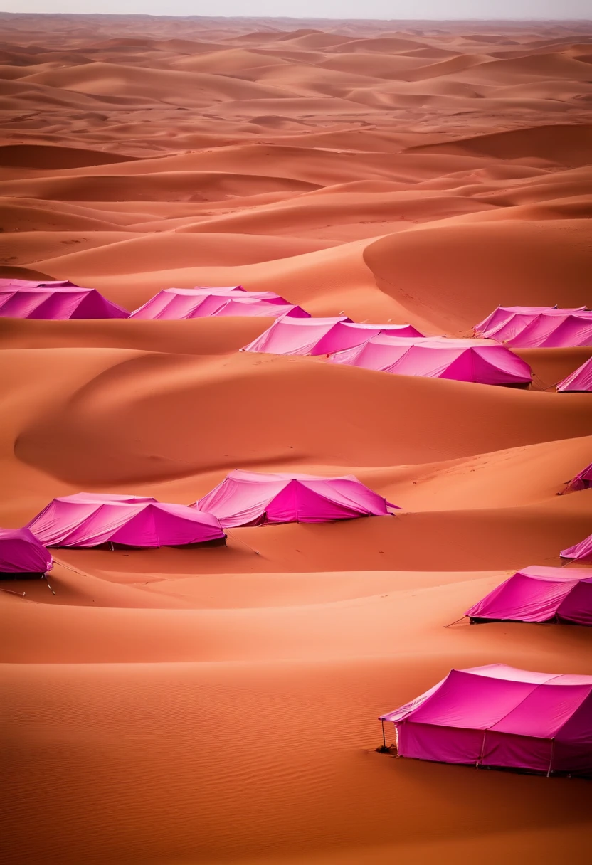 view from far away of small pink tents in the Sahara desert, photorealistic
style national geografic