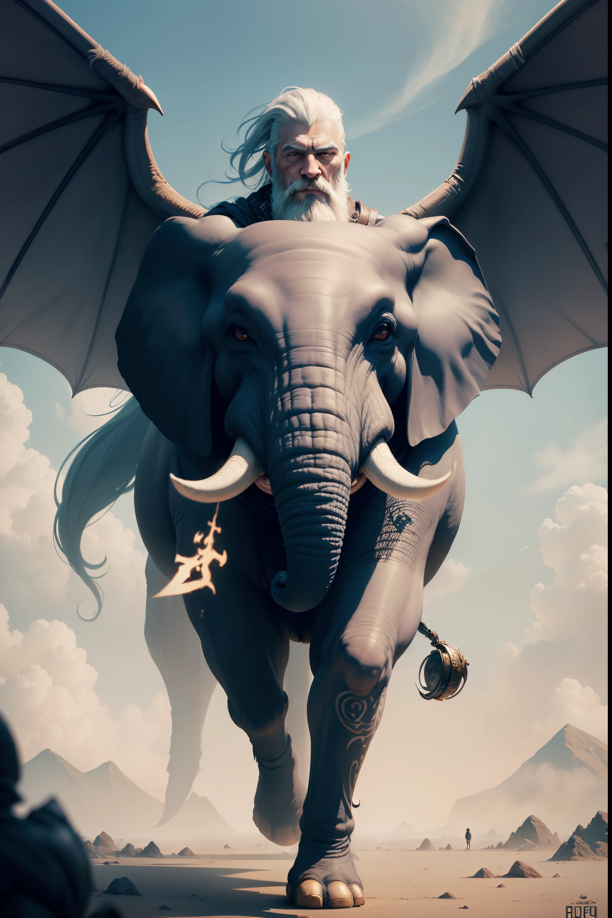 a close up of a man with tattoos and a beard, greybeard, human male , with glowing runes on the body, male god svarog portrait, norse god, covered in runes, fit male , concept art of god, muscular , old god, skinny male fantasy alchemist, detailed full body concept, muscular character, riding a flying elephant with a wings, flying elephant, mythical creature, a mythical creature, mythical whimsical creatures, cute detailed digital art, floppy ears, cute creature, adorable digital painting, highres, cute little creature, fantasy creature, cute elephant, spiritual cryptid, with large wings