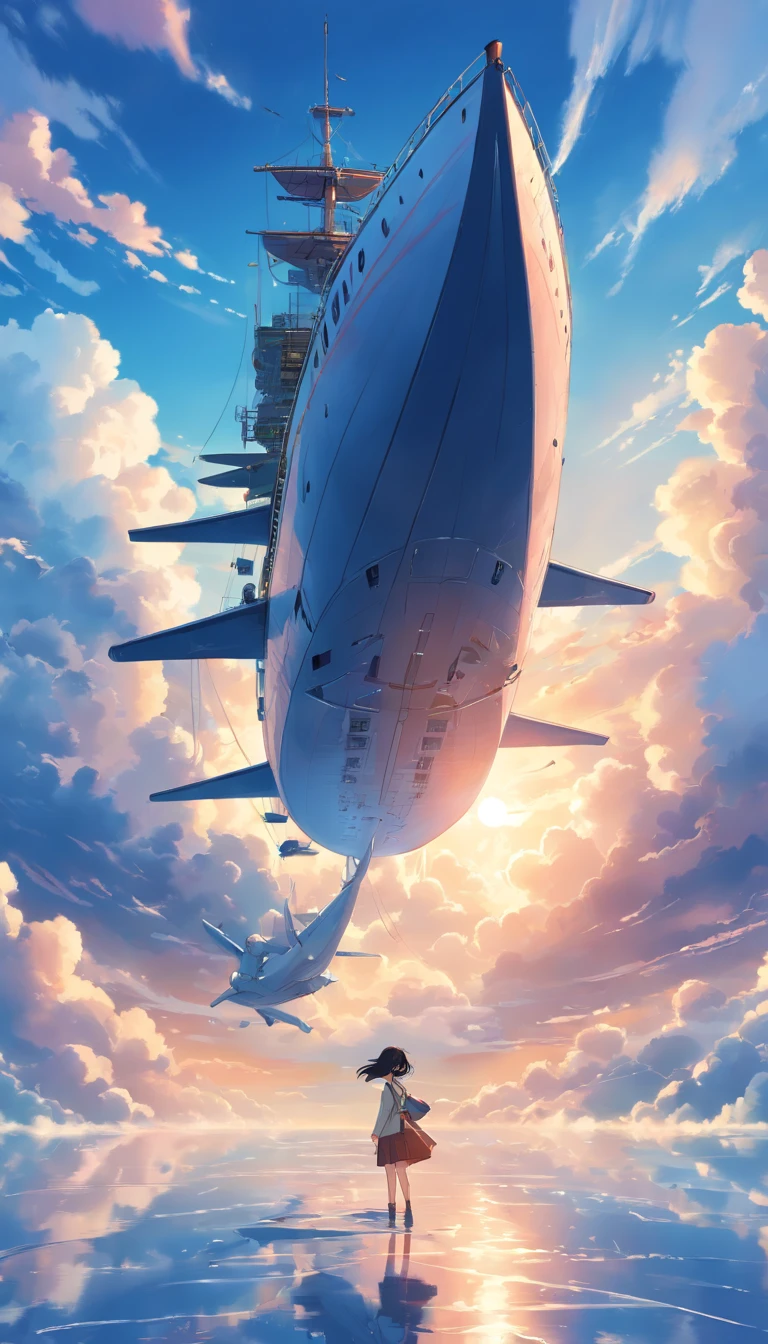 The huge flying ship on the clouds is breathtaking, Highly detailed, 8K, Use, affectionate, Ultra photo realsisim, scenery