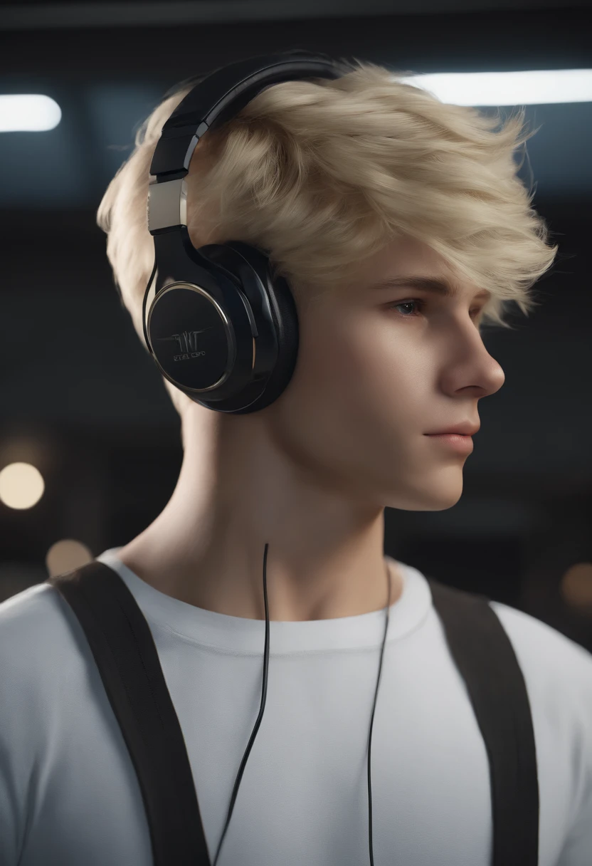 1 boy,Beautiful fece,Beautiful Boys,bobhair,realistic,masutepiece, Best Quality, Ultra-detailed, Rekbooth, Solo, headphones, Realistic, a blond, Shirt, cables, White shirt,