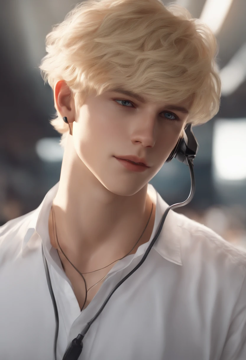 1 boy,Beautiful fece,Beautiful Boys,bobhair,realistic,masutepiece, Best Quality, Ultra-detailed, Rekbooth, Solo, headphones, Realistic, a blond, Shirt, cables, White shirt,
