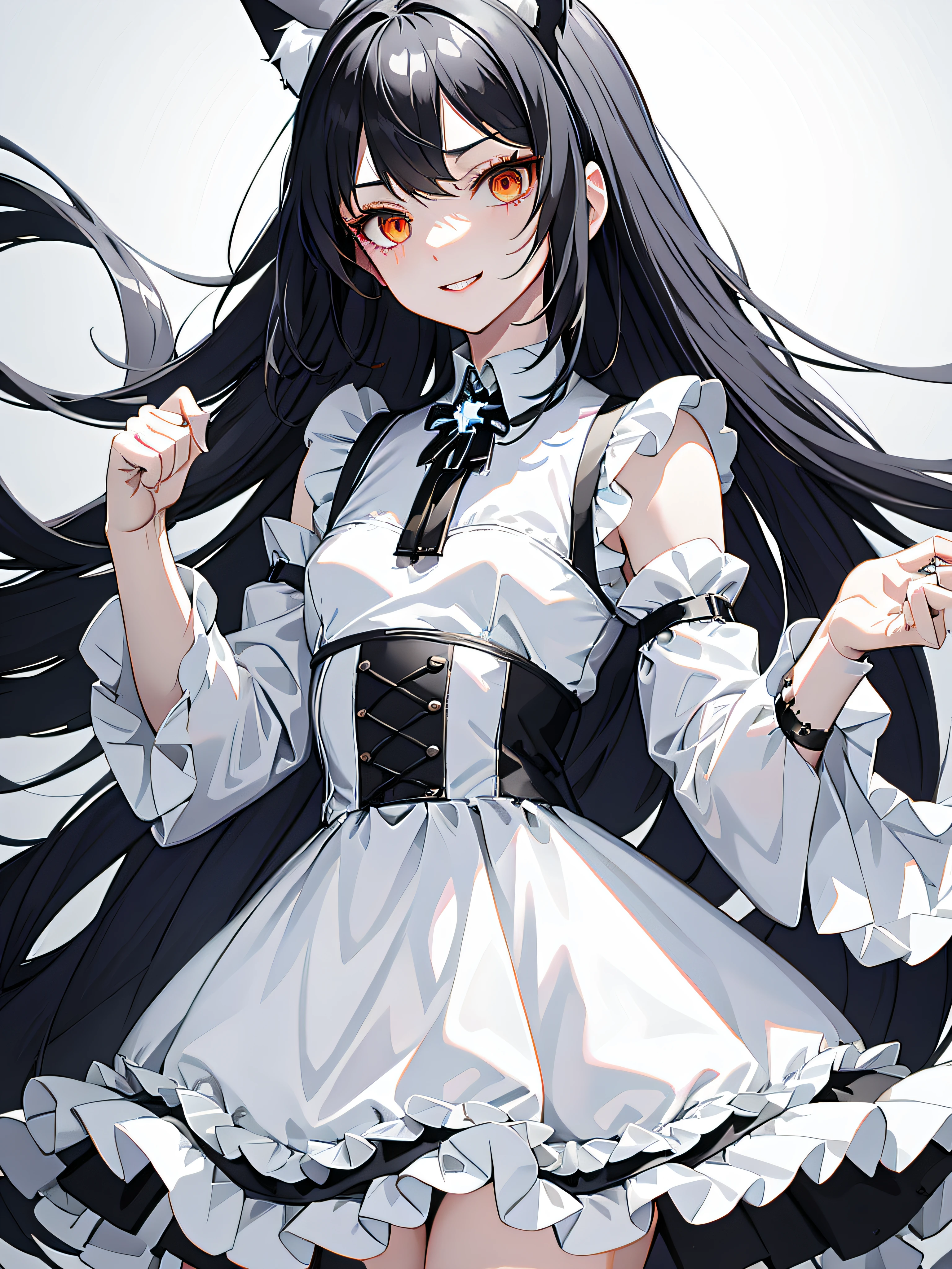 anime girl with long black hair and a white dress, anime girl with long hair, white cat girl, anime moe artstyle, black hime cut hair, anime cat girl, white hime cut hairstyle, beautiful anime cat girl, anime monster girl, very beautiful anime cat girl, anime girl with cat ears, anime art style, small curvy lolicon , anime waifu, masterpiece, Ultra sharp, 8K , High res