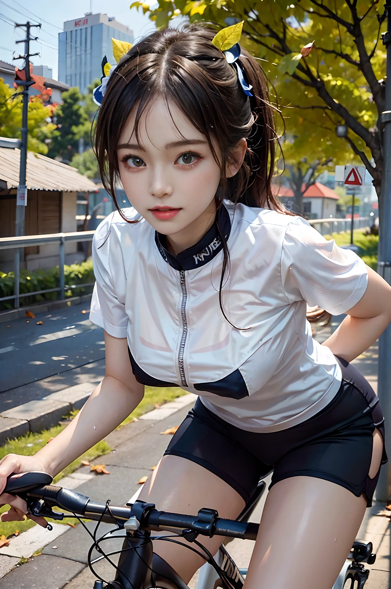 NSFW、Highest quality、(One girl),Big Breasts、(Road bike)、((Get on a bike))、Smiling at the viewer、Beautiful Eyes、Beautiful Face、Delicate eyes、Tight cycling wear、((Sweatで透けたスポーツウェア))、Sweat、Morning urban valley、street tree、Nipple piercing