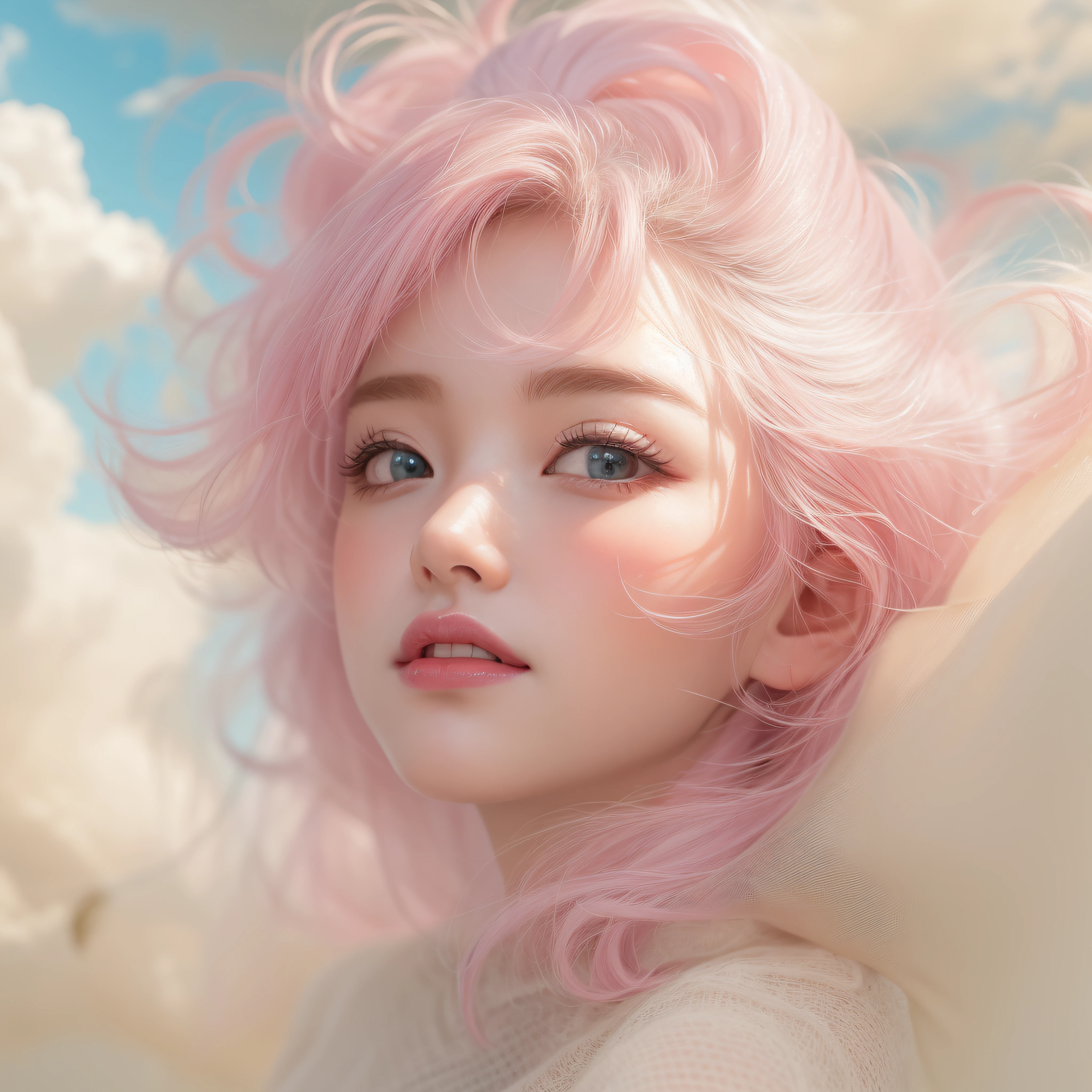 Close up of a smile with the corners of the mouth raised、on clouds、on clouds、on clouds、(realisitic、hight resolution)、(1 girl in)、Do-Up Eye、Korean Girl、(Best Quality), (masutepiece), (1girl in), Solo, a beauty girl, Perfect face, dreamlikeart、Highly detailed airbrush art((Surreal))、Volumetric lighting、(top-quality)、The ultra-detailliert、(The composition of the movement:1.4)、Highly detailed colorful details、(Bright lighting)、dynamic compositions、Ray traching、The mirror reflects light、Shallow depth of field、ultra-detailliert、mixing exposure、nffsw、Her eyes are glowing pink、Staring at the white clouds。Her pink face is full of anticipation and courage、A smile appears on pink lips。 At the rear、clouds、clouds、The sun is slowly tilting to the west。That light brings light to the clouds、Create a beautiful scene of swaying clouds。Her eyes are clearly glowing pink。Lots of clouds