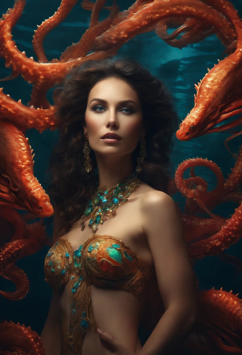 Capture a photograph where a woman, adorned with part-human traits and the body
of a sea-like creature with tentacles and a membrane-like form glowing and in
bright neon colors, Highlight the neon lights, Embrace the hyper-realistic style
to bring out the intricate details of her transformation and the enigmatic
monster of the seas and the mesmerising horizon, high contrast shot, bright neon
lighting --ar 4:3 --v 5.2 --s 50