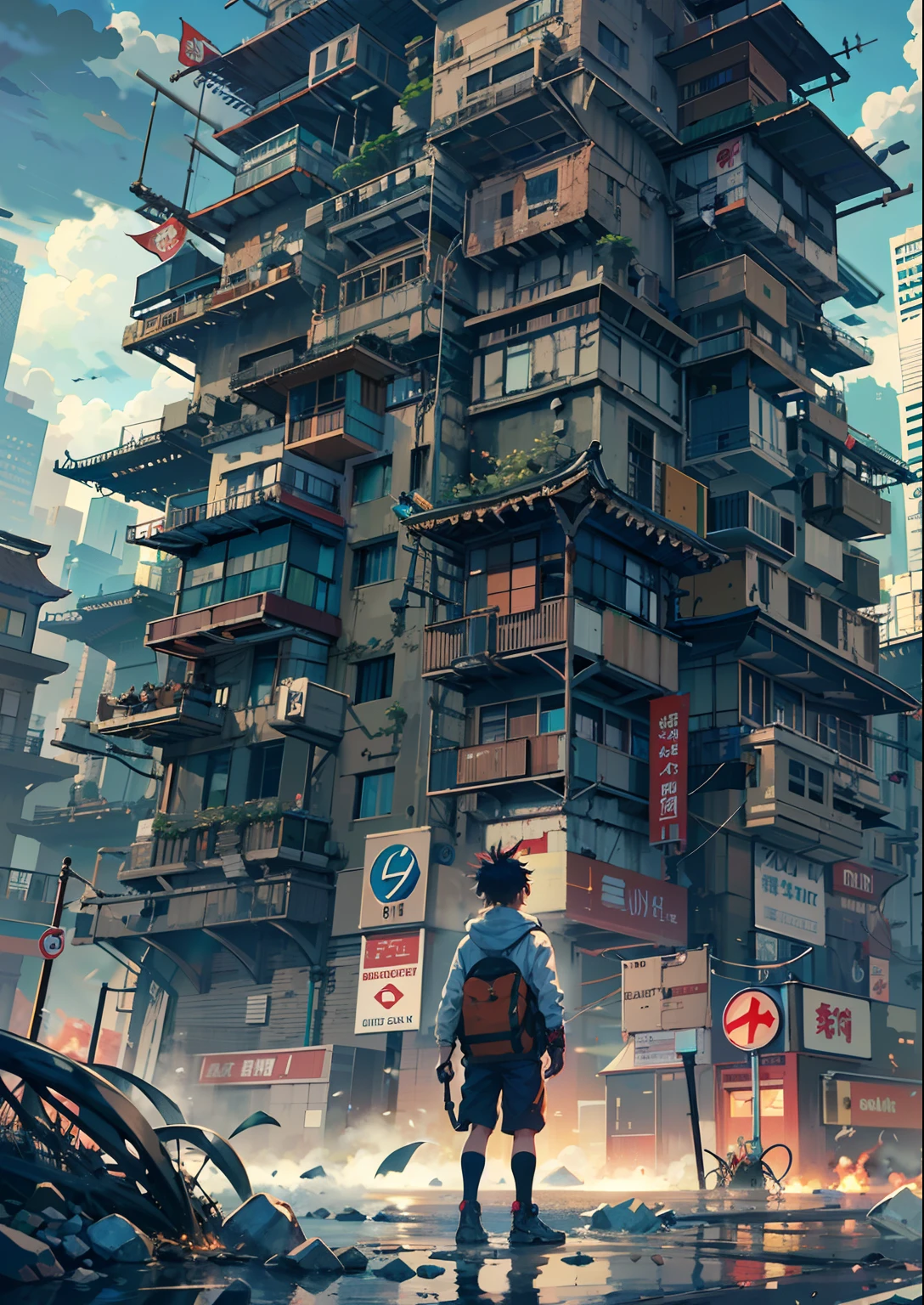1boy,a 13 yo boy、Cyberpunk Boy、machine gun、aiming at viewer,Spiky hairstyle、Whole body bloody、Back lighting,The beginning of the adventure、Lots of clouds,heavy fog、Chaotic city of the future、ruined and devastated city、dystopian、A very complex group of Chinese buildings stands in the center、Highly complex Chinese buildings、Dim lighting、puddles、Chaotic landscape、Beautiful and fantastic scenery、Cinematic scenery、hightquality、masutepiece,8K、hight resolution、ultra-detailliert,