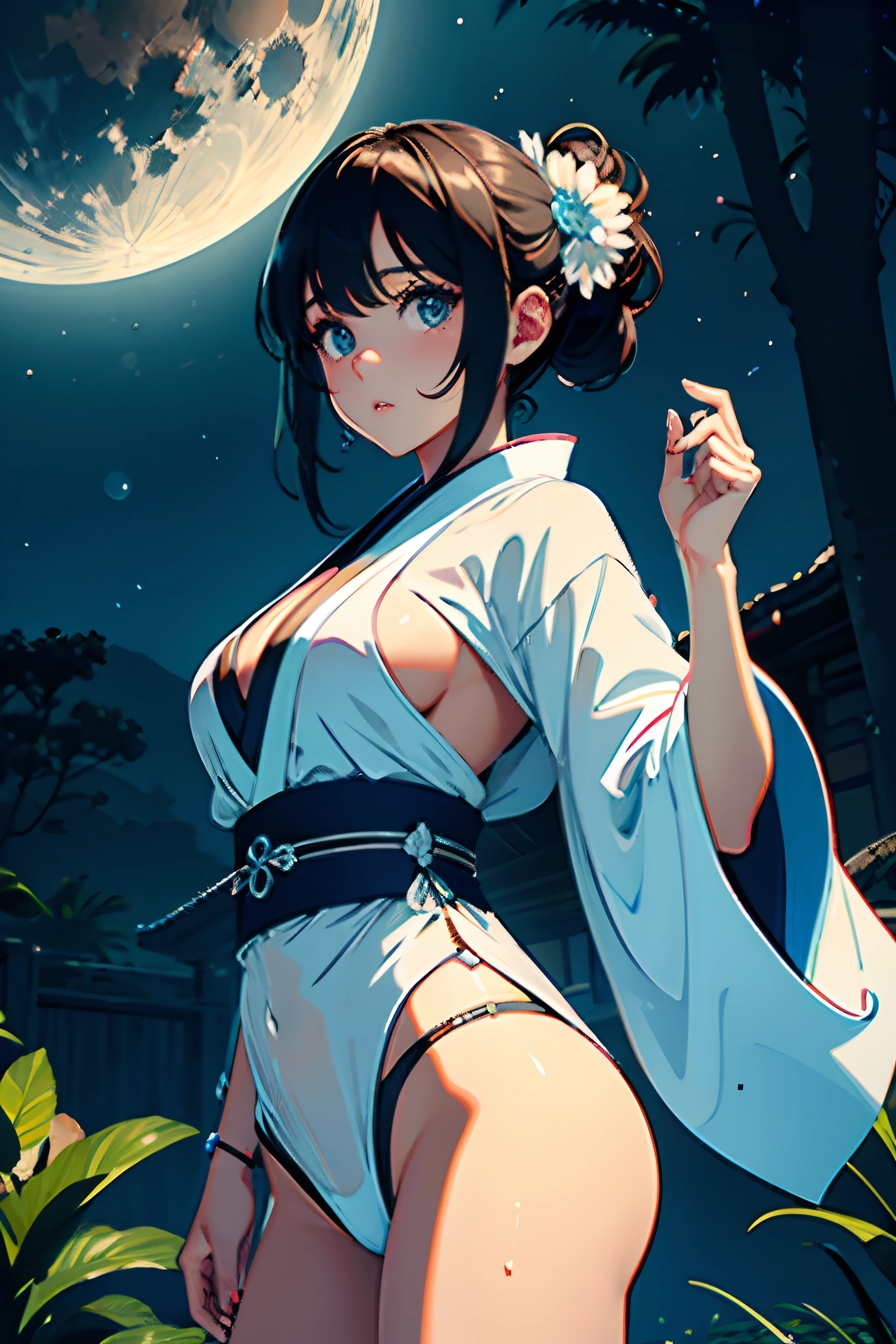 1girl, pechos, luna, linterna, noche, solo, pechos grandes, adorno para el cabello, mojado, kimono, ropa japonesa, vadeo, agua, flor de pelo, flor, al aire libre, cielo, luna llena, lluvia, cabello negro, fuera del hombro, luces neon, nube, sosteniendo, faja, hombros desnudos, linterna de papel, de pie, kimono blanco, cielo nocturno, sideboob, obi, ropa mojada, flequillo, tree, de lado, reflecion, pelo corto, cielo nublado, cabello mojado (((obra maestra), (fondo de pantalla CG 8k extremadamente detallado), la mejor calidad, solo, 1girl, cinematography lighting, fondo detallado, hermosos ojos detallados, pupilas brillantes, (un extremadamente delicado y hermoso), (Description of Eyes beautiful and detailed), ultra detallado, obra maestra,)),