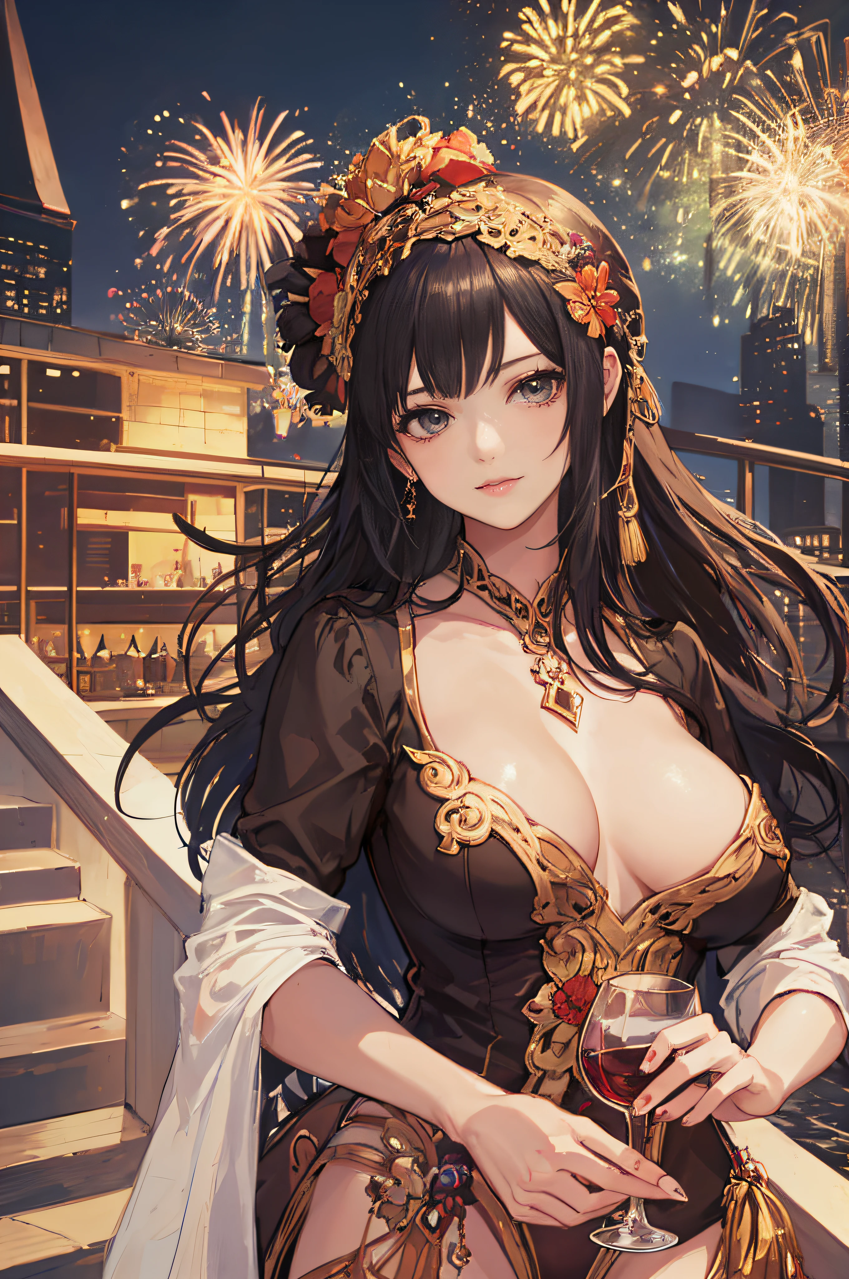 ((A sexy and beautiful woman holding a wine glass and looking at me on the terrace)), ((The cutest 22-year-old beauty)), Charming smile, ((Fireworks in the background) ), ((Very long hair) ), ((One piece with a lot of exposed parts)), ((Rich bust)), Gradient eyes, Seductive makeup, Single view, NFFSW, UHD, Retina, Masterpiece, Accurate, Anatomy Scientifically correct, textured skin, super detail, high detail, high quality, award winning, highest quality, high resolution, 1080P, HD, 4K, 8k, 16k