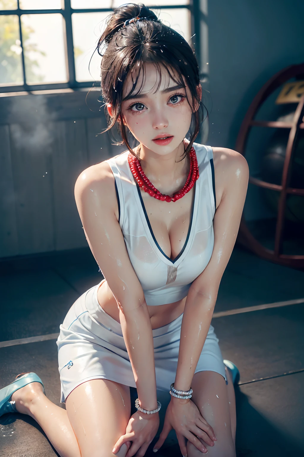 （RAW photos，4K，tmasterpiece，A high resolution，extremly intricate）（realisticlying：1.4），Cinematic lighting Delicate girl with facial features
1 Girl， Single focus， Full body like，Summer noon，thermography， 1990's\（styled\），White skin，(Bigchest，cleavage)， (Best quality), (A high resolution), (An extremely delicate and beautiful),,(Beautiful 8k face),(Brown eyes),(Ulzzang-6500:1.0),(Large breasts),(NBA),(Basketball sportswear),((basketball)),((gymnasium)),((Speed)),(reality),（jiayi：1.5）， closeup cleavage， tmasterpiece， best qualtiy， RAW photogr， realisticlying， the face， Incredibly Ridiculous res， beuaty girl， adolable， short detailed hair， depth of fields， A high resolution， ultra - detailed， finedetail， The is very detailed， Extremely detailed eyes and face， Sharp pupils， realistic pupil， tack sharp focus， cinmatic lighting，((((Fine beads of sweat))))，((((Sweat Wet))))，(((perspire)))，(((wiping sweat)))，the skin is wet，water glow，