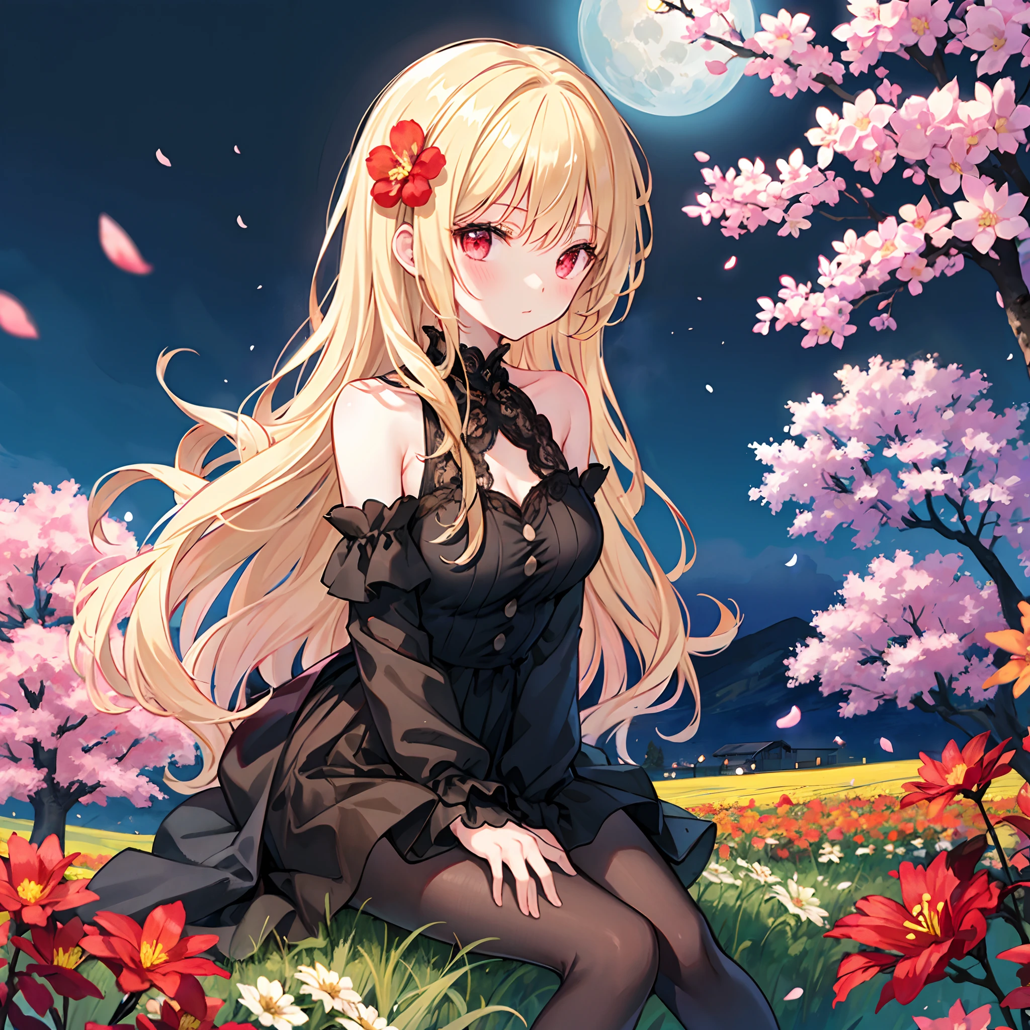 Wavy blonde、red eyes、Beautiful girl alone、Black fluffy dress、off shoulders、a miniskirt、Black tights、flower field、sitting on、a moon、cherry trees