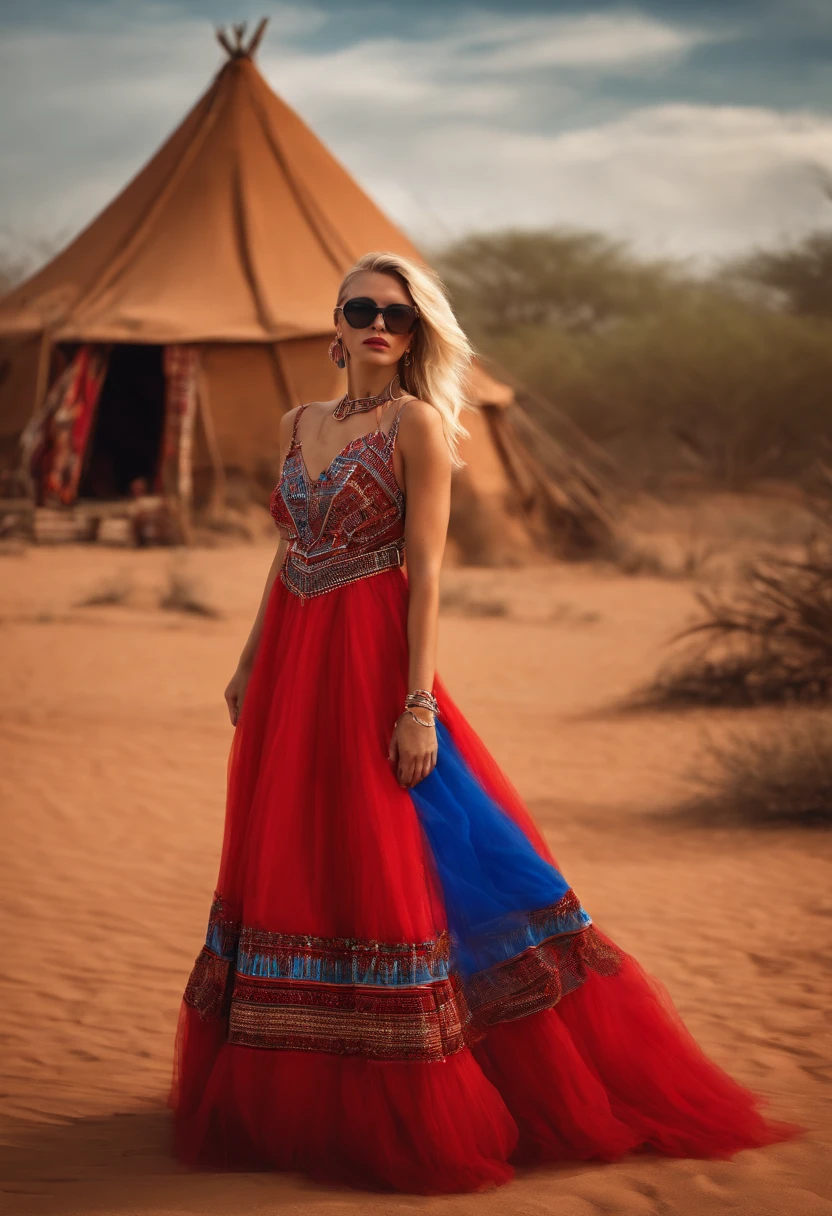 CaucasianYoung woman wearing red long plush tulle dress, blond stubby hair and blue
sunglasses in front of African tribal tent. surrealism , sandstorm,
African-Style , photorealistic, ultra-realistic, ultra-detailed , sci-fi, 60s
50 - --s 2