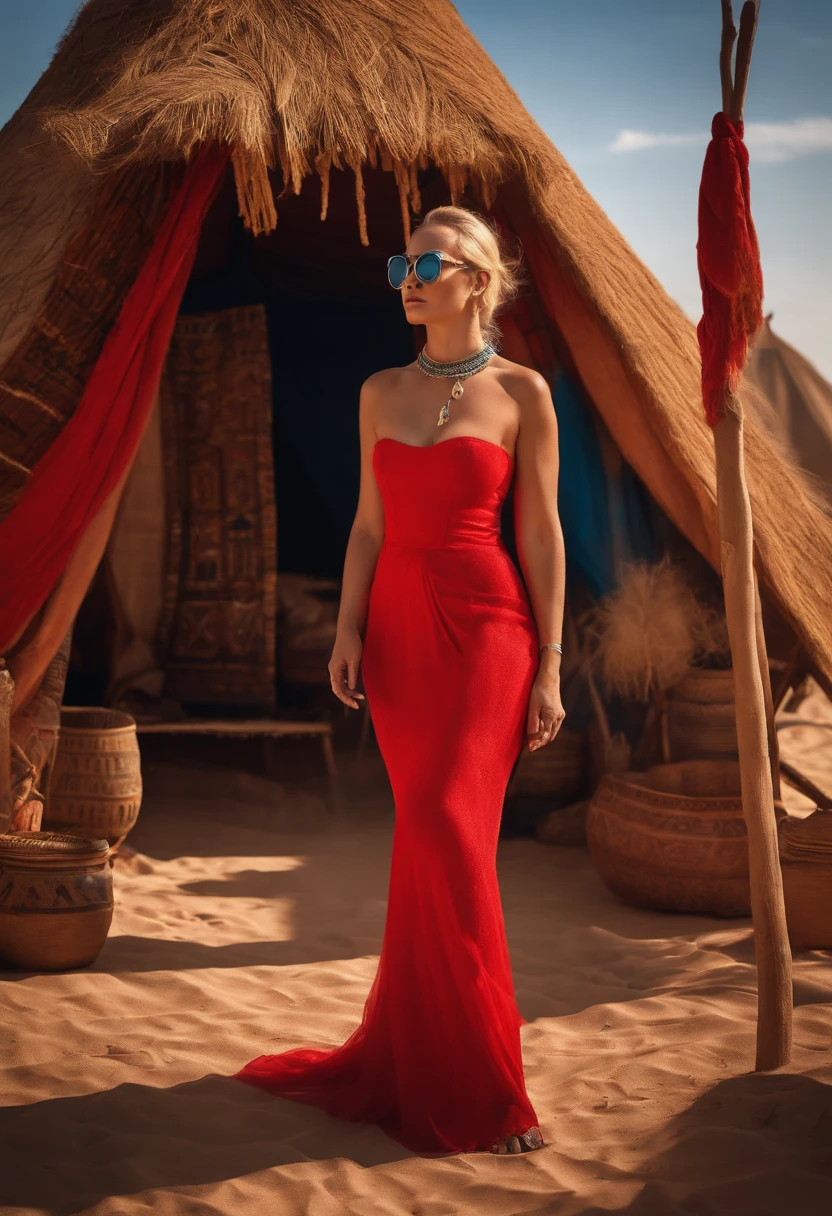 CaucasianYoung woman wearing red long plush tulle dress, blond stubby hair and blue
sunglasses in front of African tribal tent. surrealism , sandstorm,
African-Style , photorealistic, ultra-realistic, ultra-detailed , sci-fi, 60s
50 - --s 2