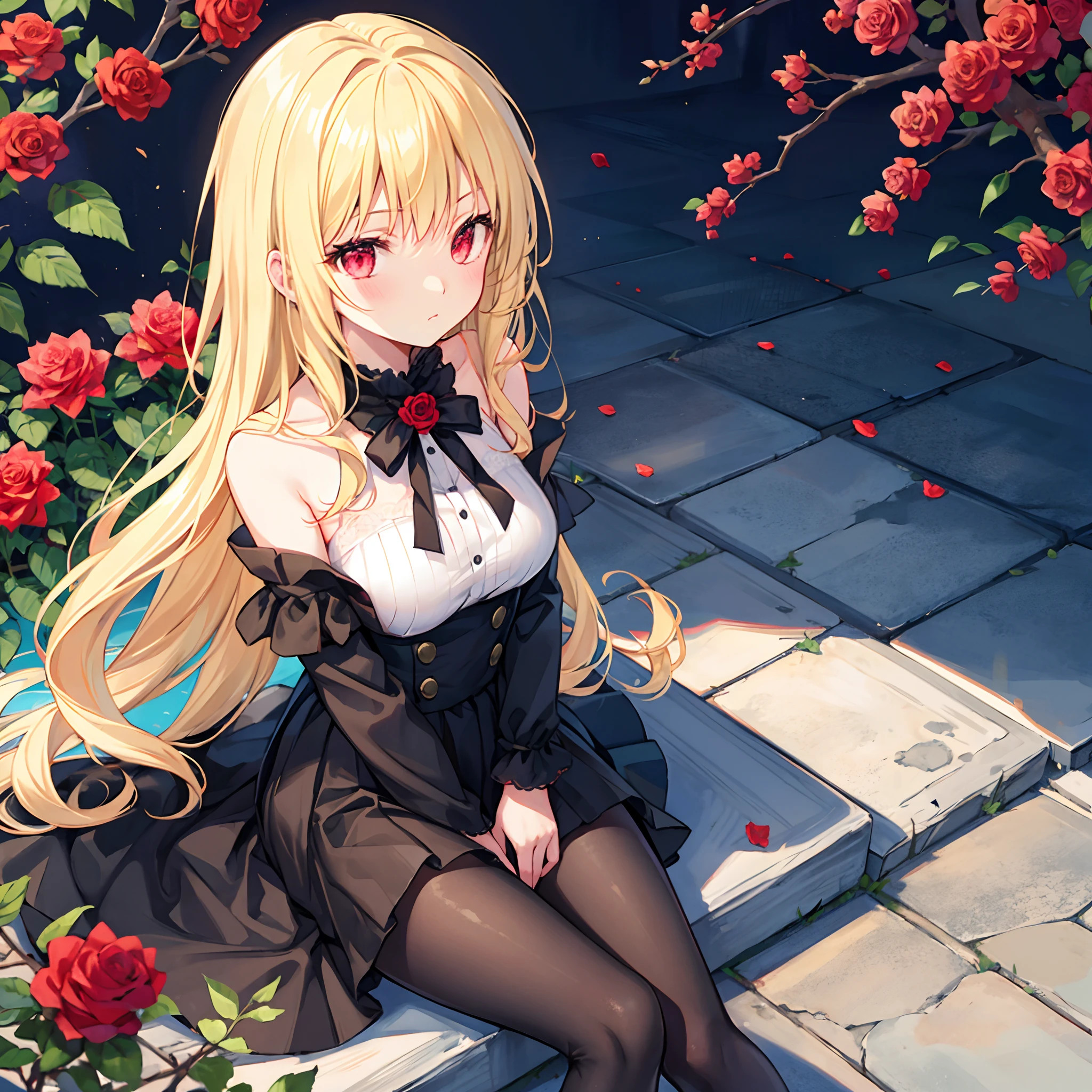 Wavy blonde、red eyes、Beautiful girl alone、Black fluffy dress、off shoulders、a miniskirt、Black tights、Rose Garden、sitting on