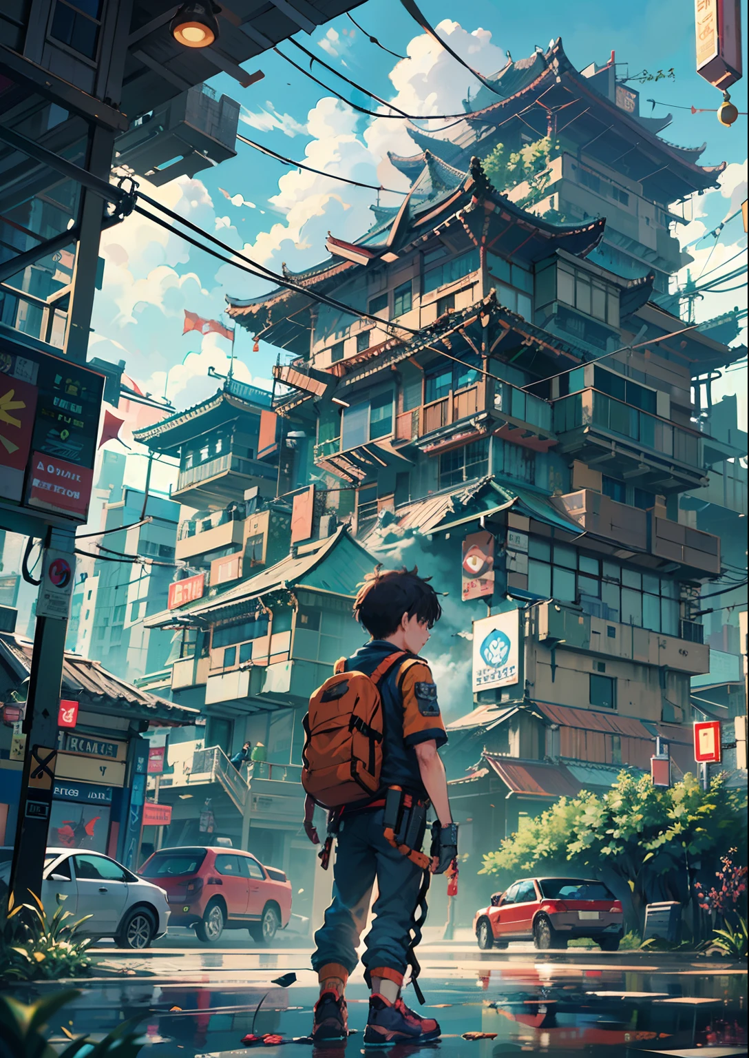 1boy, boy、Cyberpunk Boy、machine gun、aiming at viewer,Spiky hairstyle、Whole body bloody、Back lighting,The beginning of the adventure、Lots of clouds,heavy fog、Chaotic city of the future、ruined and devastated city、dystopian、A very complex group of Chinese buildings stands in the center、Highly complex Chinese buildings、Dim lighting、puddles、Chaotic landscape、Beautiful and fantastic scenery、Cinematic scenery、hightquality、masutepiece,8K、hight resolution、ultra-detailliert,