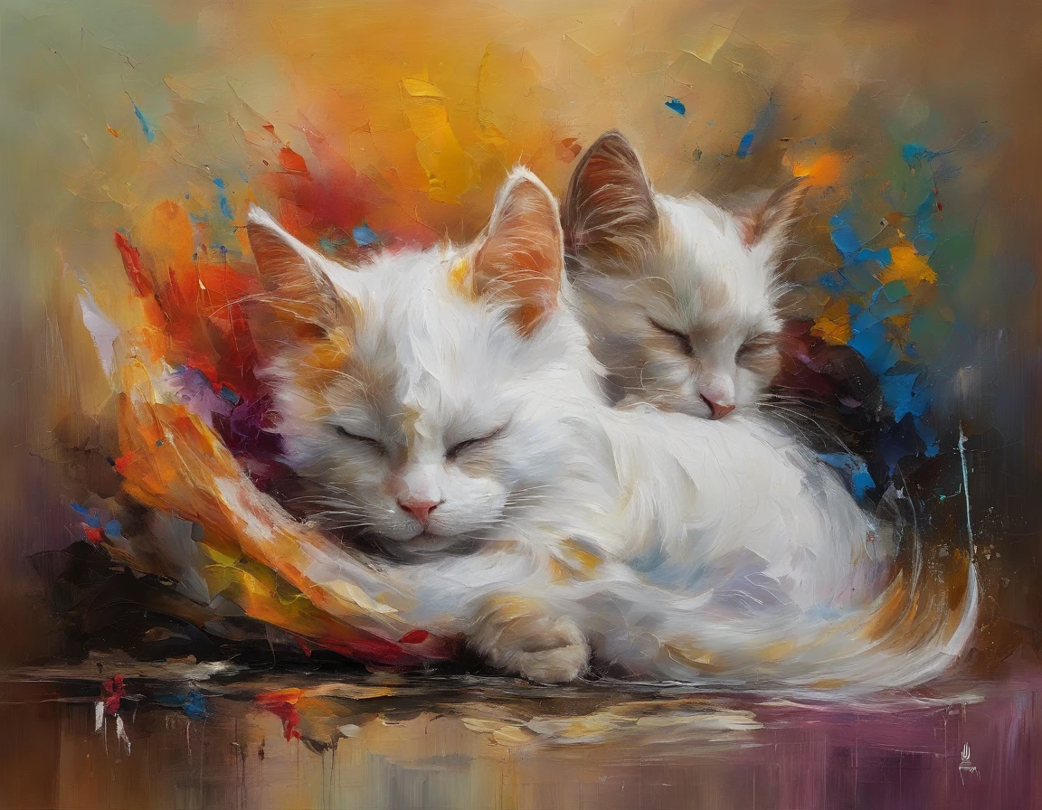 White puppet cat,Sleeping cat,Erected ears,The cat lies in a ball in the center of the picture,Limbs holding tails,Colorful gradient background,The center of the background radially splashes ink(Oil painting in the shape of a stick),Brilliant and colorful acrylic paints,Modern ink splashing art,Outstanding master oil paintings,Ultra-realistic oil painting,Bumpy and realistic oil painting texture,Ultra photo realsisim, hyper realisitc, High gloss liquid, photorealistic image, Surrealists | | |, 16k