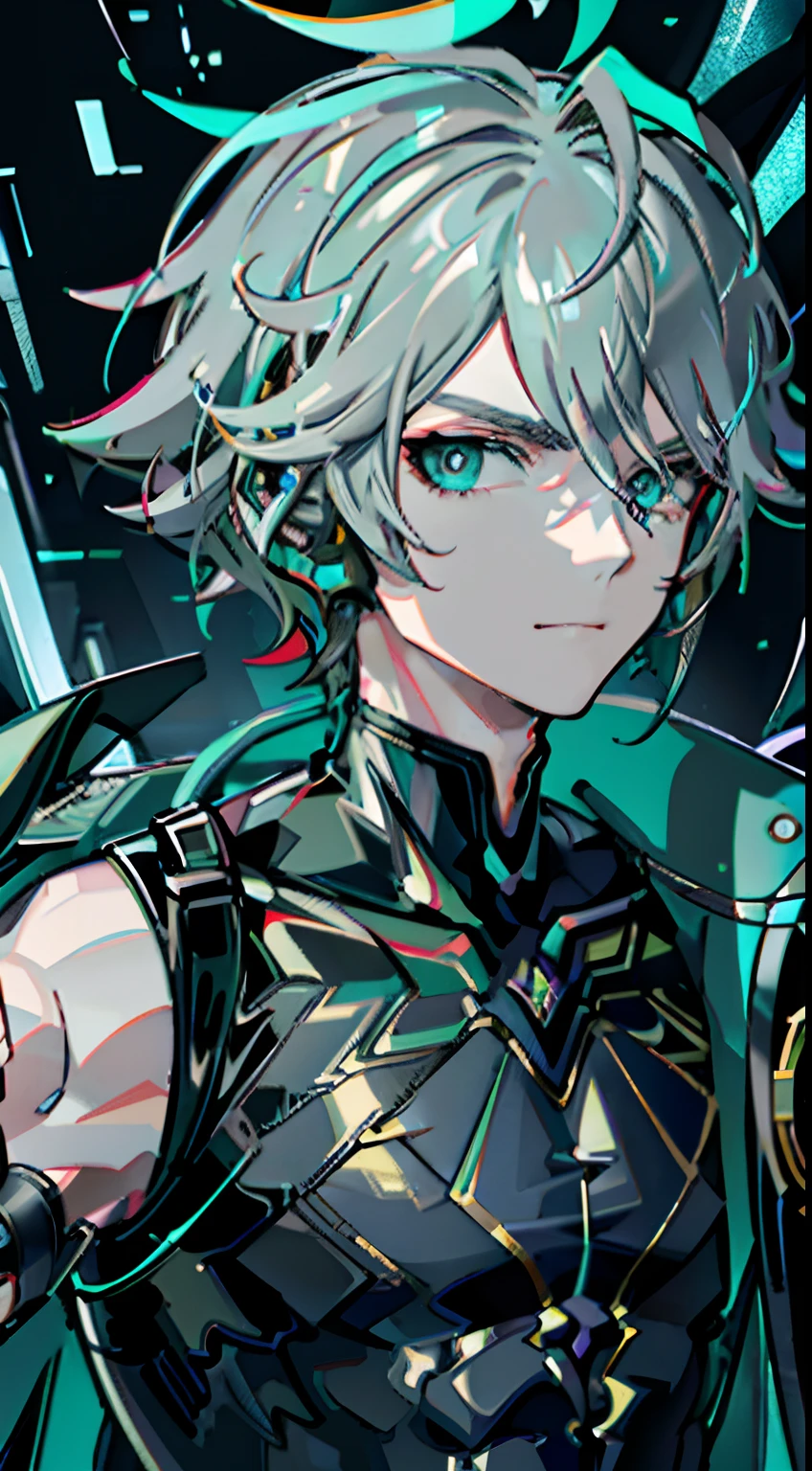 Masterpiece, best quality, colorful,a man wearing a detailed leather jacket and anime tee-shirt touching a translucent panel, in a dark void filled with small intense light particles, jacket off a shoulder, floating screens in front, dramatic viewing angle, dynamic pose, (face focus close up:1.2), contrast, colors combination, bright, gray hair, green eyes, muscles
All in view
Depth of field, high resolution, extreme intricate details, dramatic shadows, global illumination