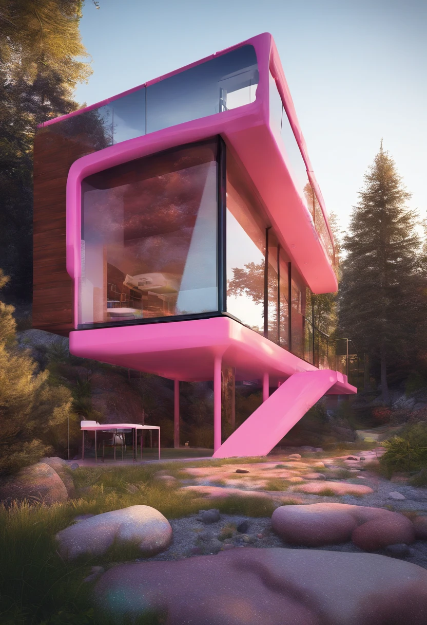 hyper-photorealistic glass bubbles pink cabins, partially embedded into the mountain, futuristic interior, a film Oblivion otherworldly atmosphere, golden hour, art highly detailed, fine details, hyper quality, trending on artstation, award-winning, megapixel, elegant, high quality, de-noise, post-processing, post-production, ultra-wide angle lens, wide angle view, super resolution, megapixel, DSLR, Nikon D750, shot on 70mm, lens, distortion, F/22, shutter speed 1/1000, long exposure, sharpened, photoshopped, vibrant colors, 32K resolution, sharp details, octane render, vray engine, unreal engine 5 --s 750 --style raw