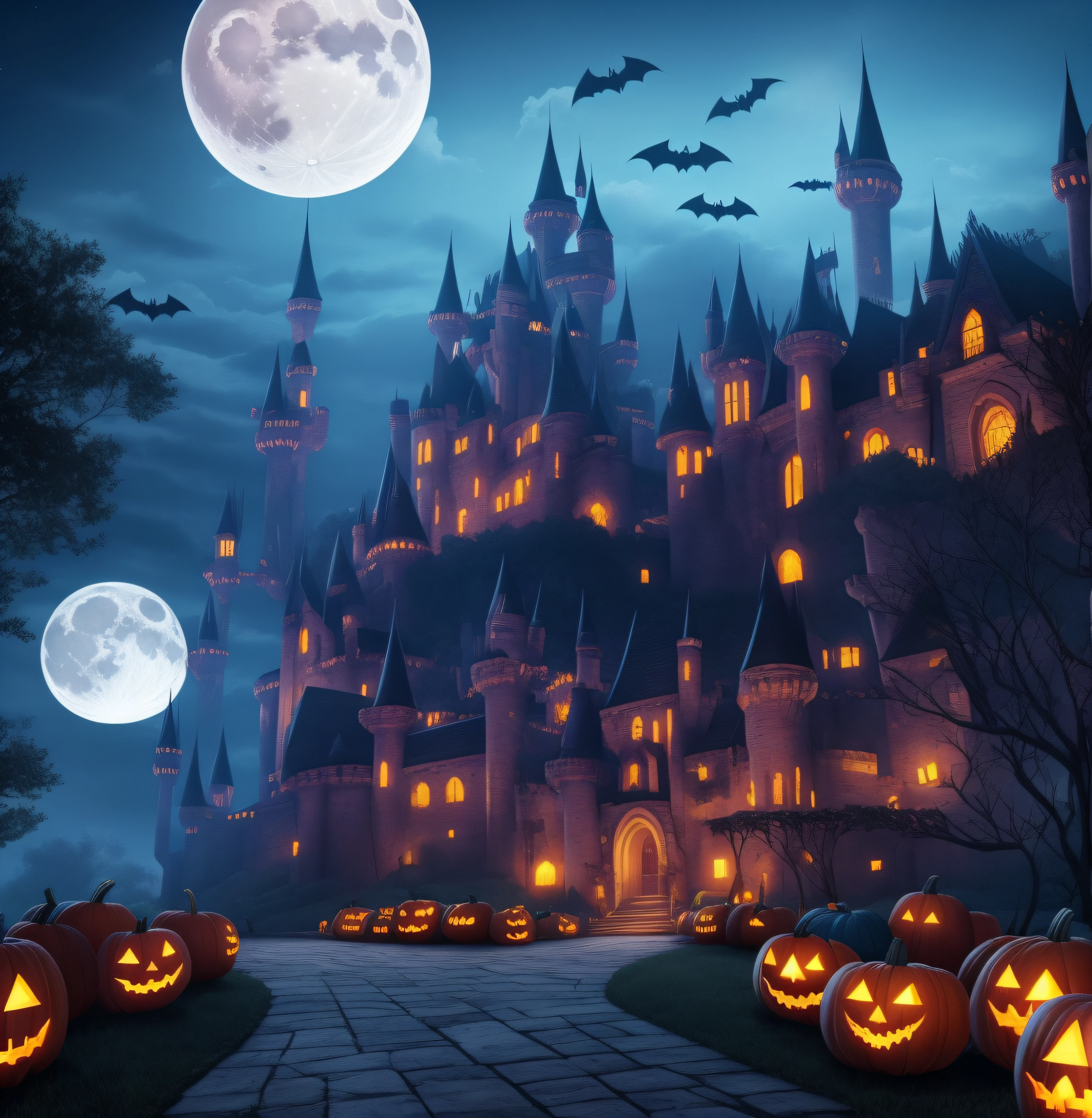 Moonlit Night Fantasy Fortress,Halloween Poster, pumpkins, the bats, withered huge branches, fullmoon, Ray tracing, Stacked chests, castle, Western castles、masterpiece、top-quality、top-quality、realisitic、8K