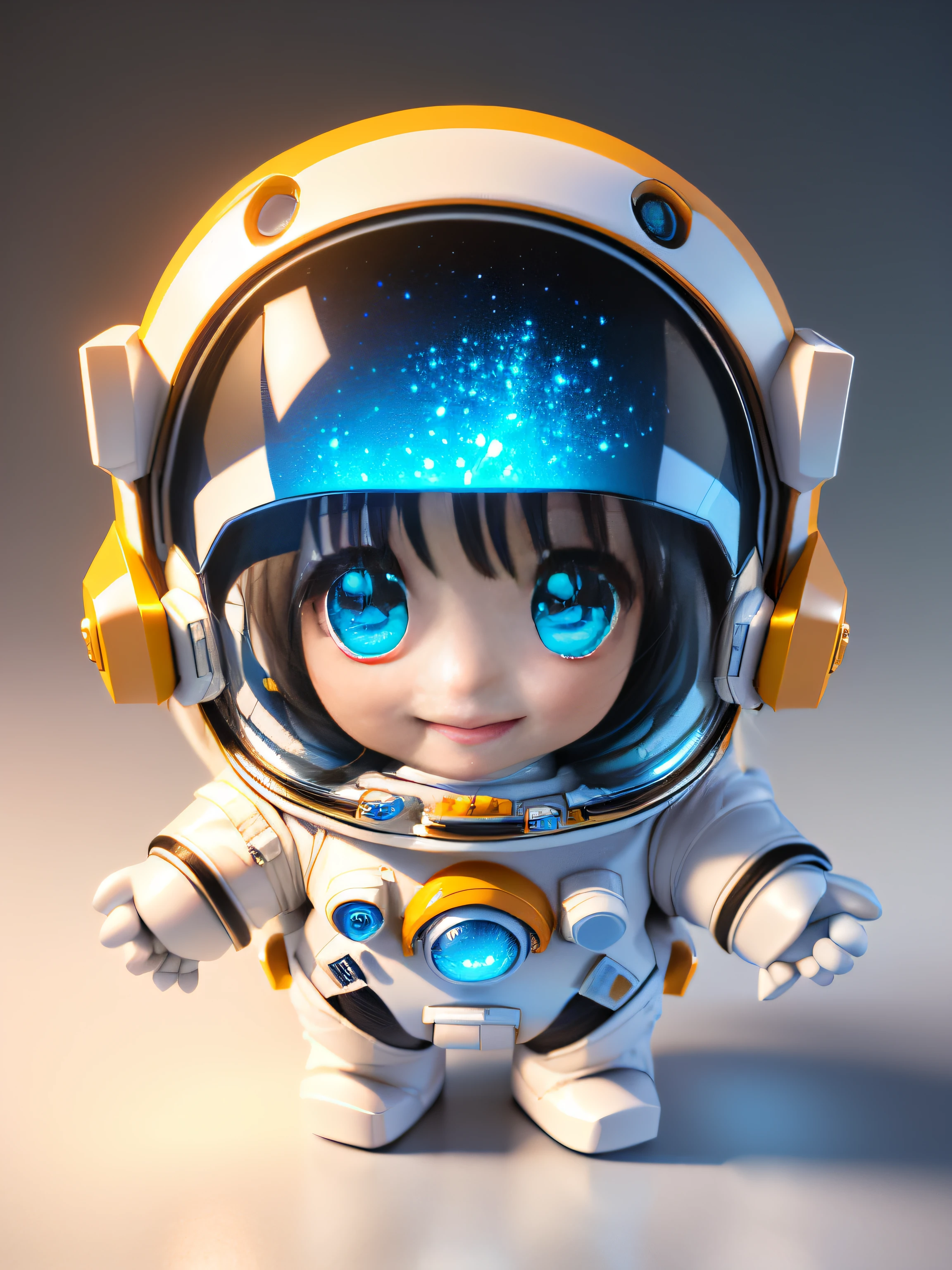 Super cute girl full body 3D picture, 1pc, good looking eyes, big eyes, cute, happy, c4d, pop matt blind box, white long hair, glowing bubbles, toys, solid color background, chibi, fluorescent translucency, luminous body, kawaii, doll, (((astronaut, spacesuit))), reference table, pop mart blind box, Pixar, complex details, 3d rendering, blender, OC renderer, fol body reference sheet, Dribble, High Details, 8K, Studio Lighting, , Petite, Child, Chibi, SD characters: 1.1, Magic Space Warehouse background