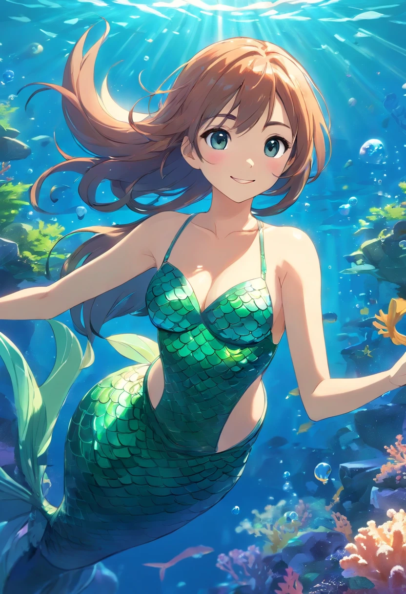 (absurd resolution:1.2), (best quality:1.3), mermaid, mermaid tail, long hair, swimming, smile, (Ultra detailed eyes), masterpiece, underwater, coral, (Best Lighting:1.1), (best shadow:1.1), sunlight, air bubble,