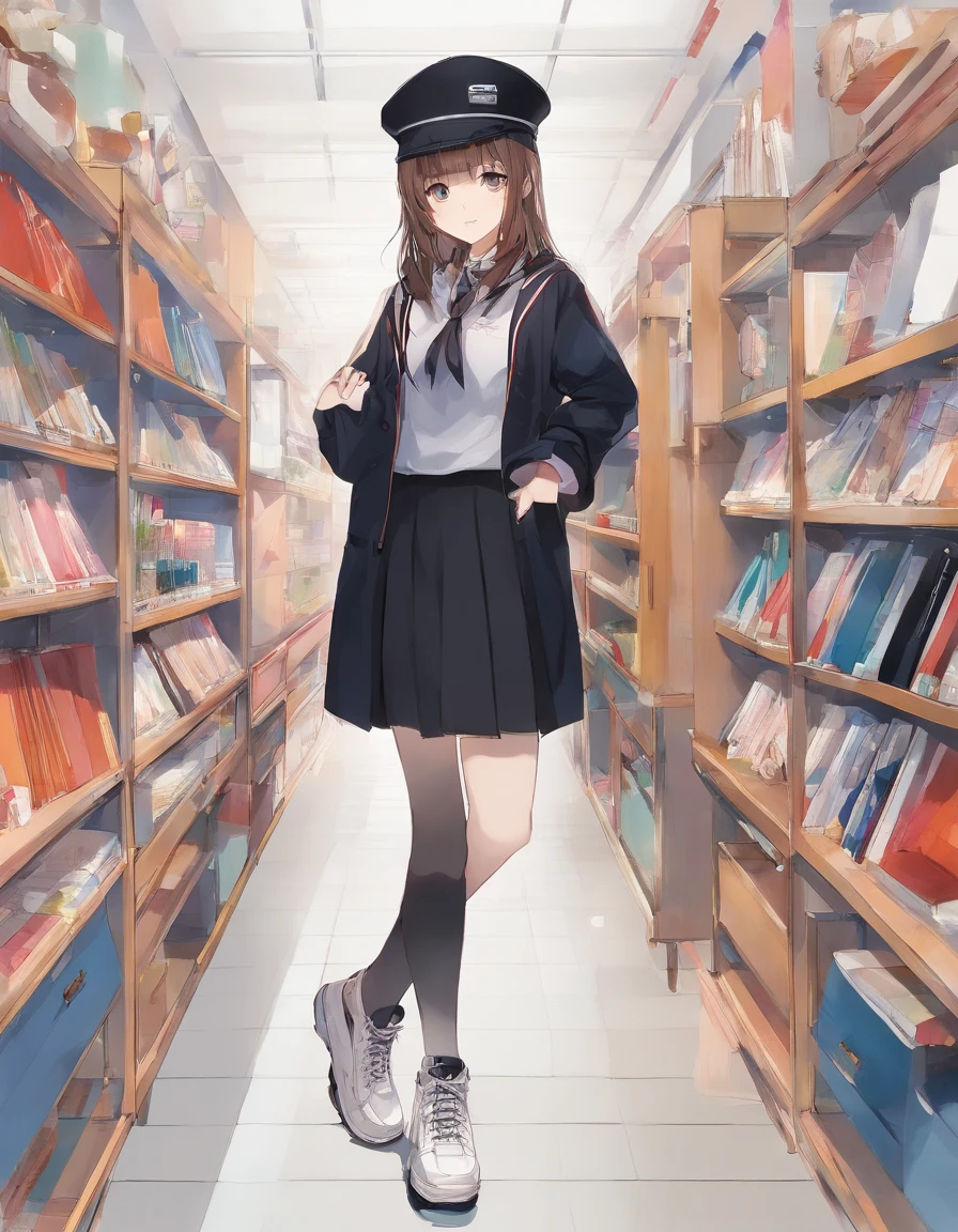 Full Focus:2.0、hightquality、masterpiece、absurderes、1girl in、detailed hairs、dark orange hair、straight haired、Beautiful and detailed eyes、Orange Eyes、pale-skinned、White background、rearing、Black schoolboy uniform、Student Cap、Detailed Student Cap、A smile、Photo from the waist up、Focus hat and chest of drawers、Student Cap、Platform boots、Floral platform boots