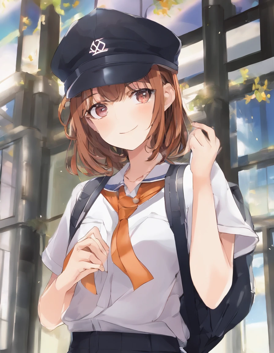 Full Focus:2.0、hightquality、masterpiece、absurderes、1girl in、detailed hairs、dark orange hair、straight haired、Beautiful and detailed eyes、Orange Eyes、pale-skinned、White background、rearing、Black schoolboy uniform、Student Cap、Detailed Student Cap、A smile、Photo from the waist up、Focus hat and chest of drawers、Student Cap、Platform boots、Floral platform boots
