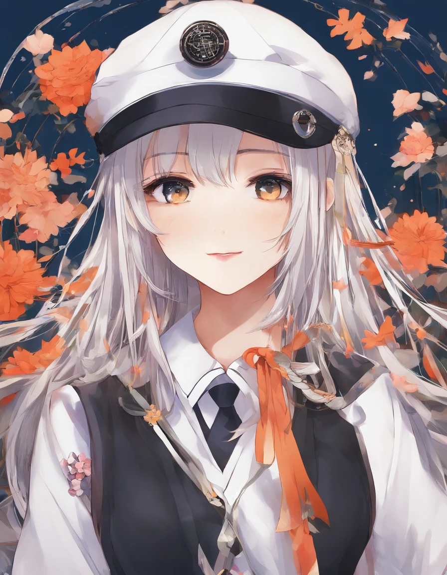 Full Focus:2.0、hightquality、​masterpiece、absurderes、1girl in、detailed hairs、dark orange hair、straight haired、Beautiful and detailed eyes、Orange Eyes、pale-skinned、White background、rearing、Black schoolboy uniform、Student Cap、Detailed Student Cap、A smile、Photo from the waist up、Focus hat and chest of drawers、Student Cap、Platform boots、Floral platform boots