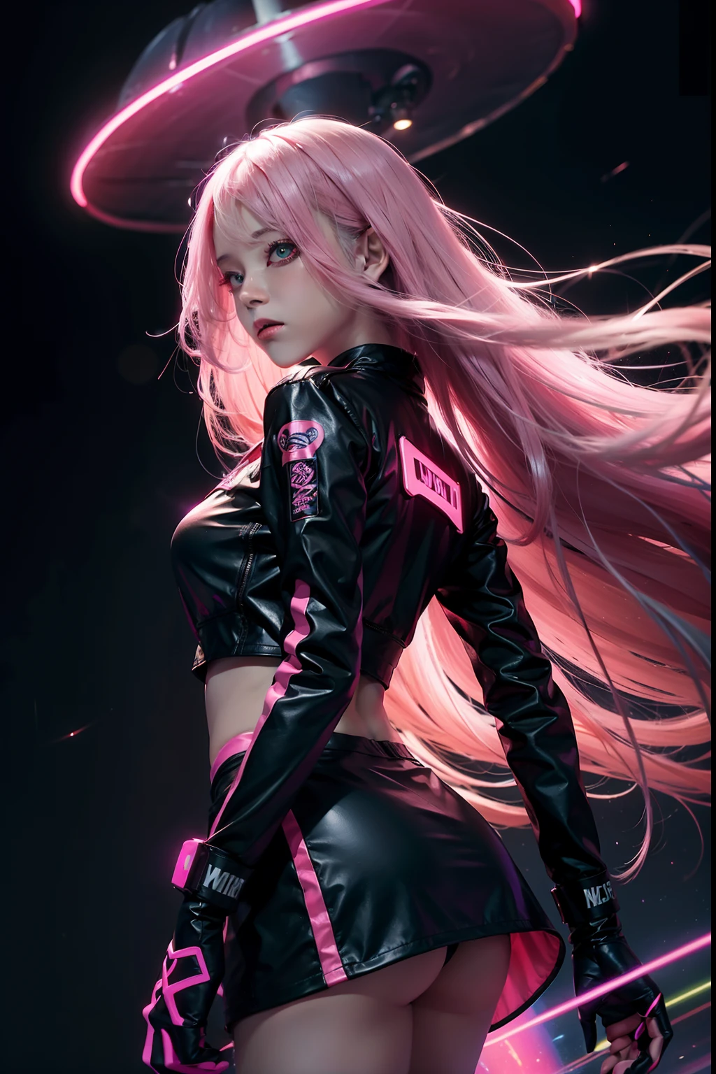 Long pink hair woman, night, neon, flying saucer, abduction, galaxy background, neon lights, black clothes with led, 4k