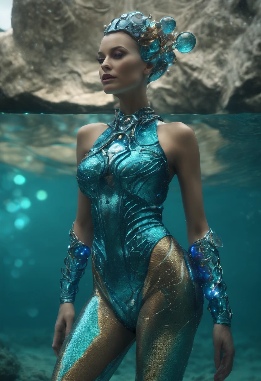 Translucid robot queen of the sea, cybernetic fashion, bubbles, veins, fritz
lang 2057, HD photorealistic, raw style, light angle view, full body ,
retrolight --v 5.2 --ar 4:5