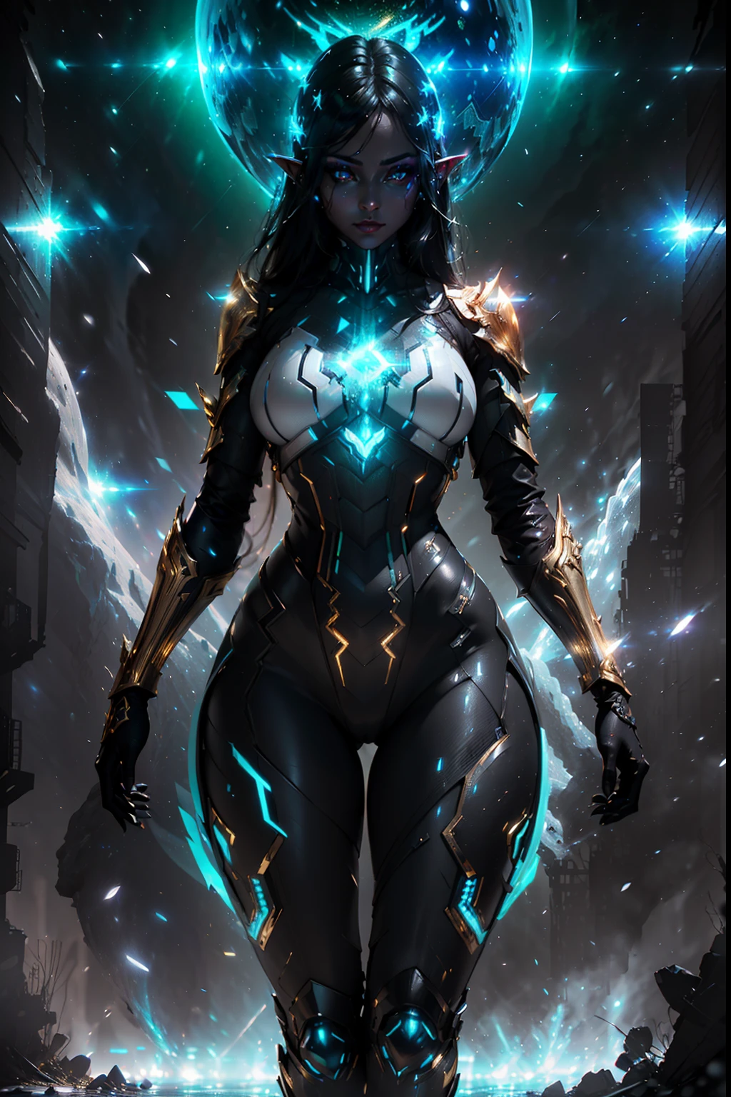a beautiful robotic metal woman standing alone, studio lighting, strange glowing rocks, extremely detailed, long flowing hair, perfect breasts, hyper-realistic textures, cinematic, dramatic lighting, fantasy, science fiction, digital art, concept art, 8k, high quality, masterpiece